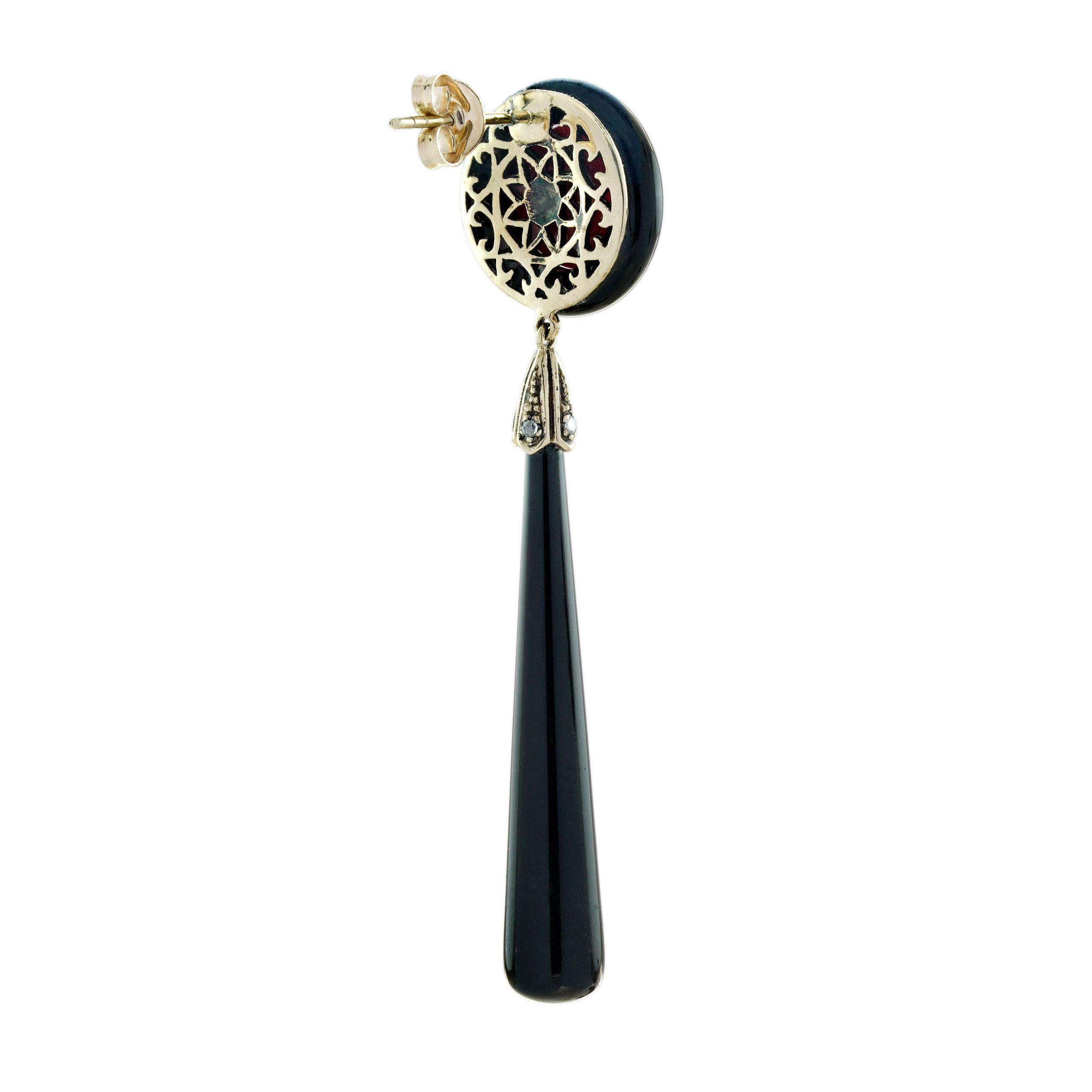 Pendientes de oro con gota de ónice coralino y diamante talla rosa estilo Art Déco Art Decó en venta