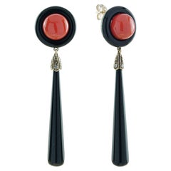 Coral Onyx & Rose Cut Diamond Art Deco Style Drop Gold Earrings