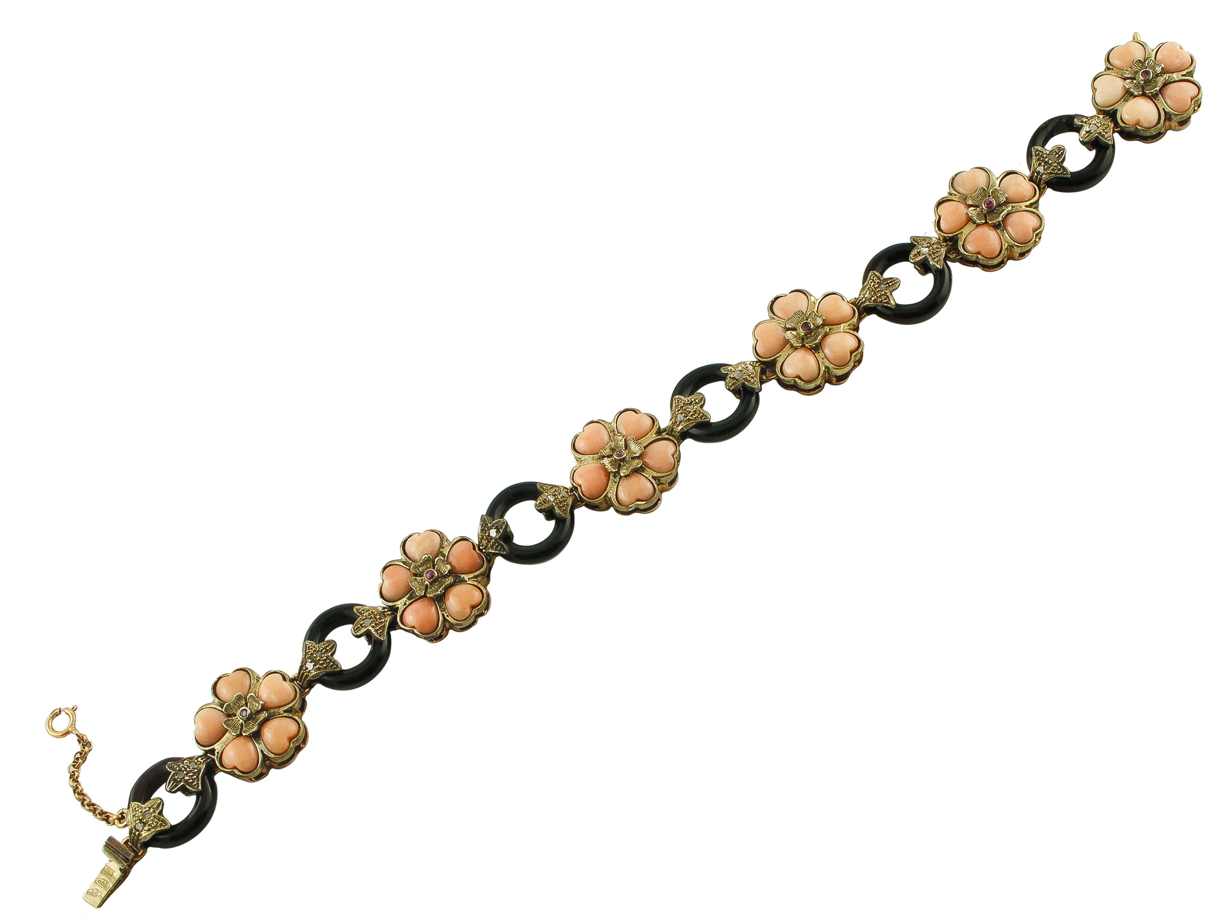 Retro Coral, Onyx, Rubies, Diamonds, 9 Karat Rose Gold and Silver, Flowery Bracelet