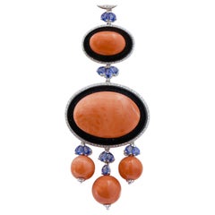 Coral, Onyx, Sapphires, Diamonds, 14 Karat White Gold Pendant Necklace.
