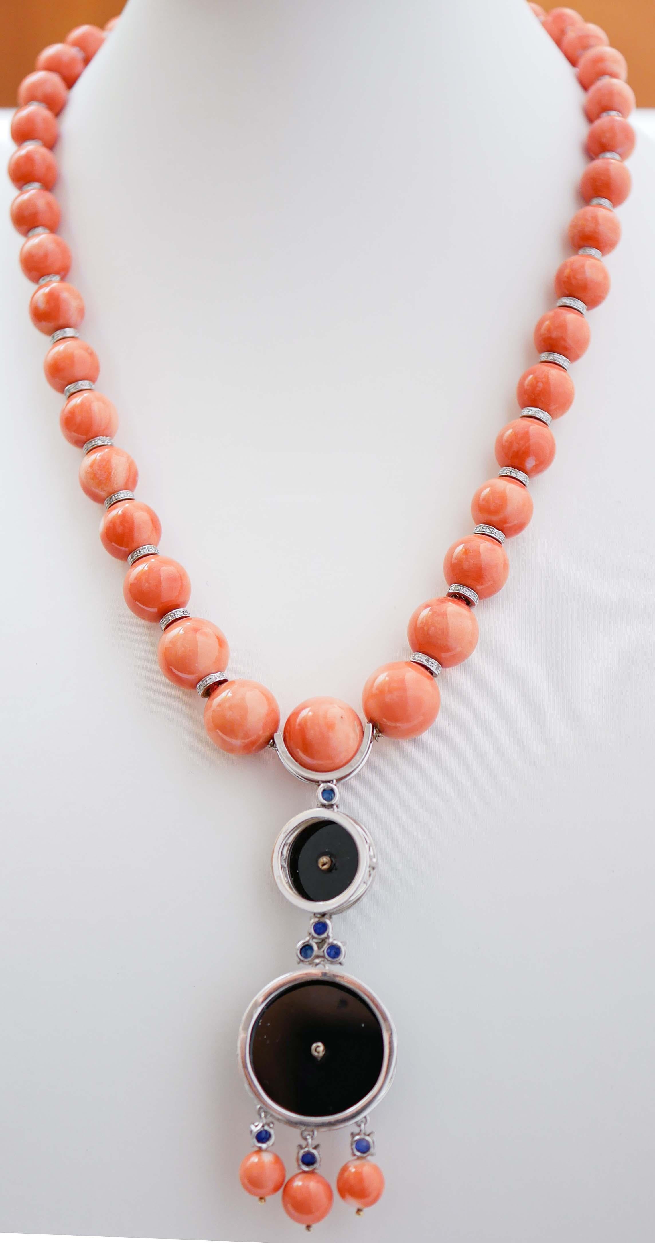 Mixed Cut Coral, Onyx, Sapphires, Diamonds, 18 Kt White Gold and 14 kt White Gold Necklace For Sale
