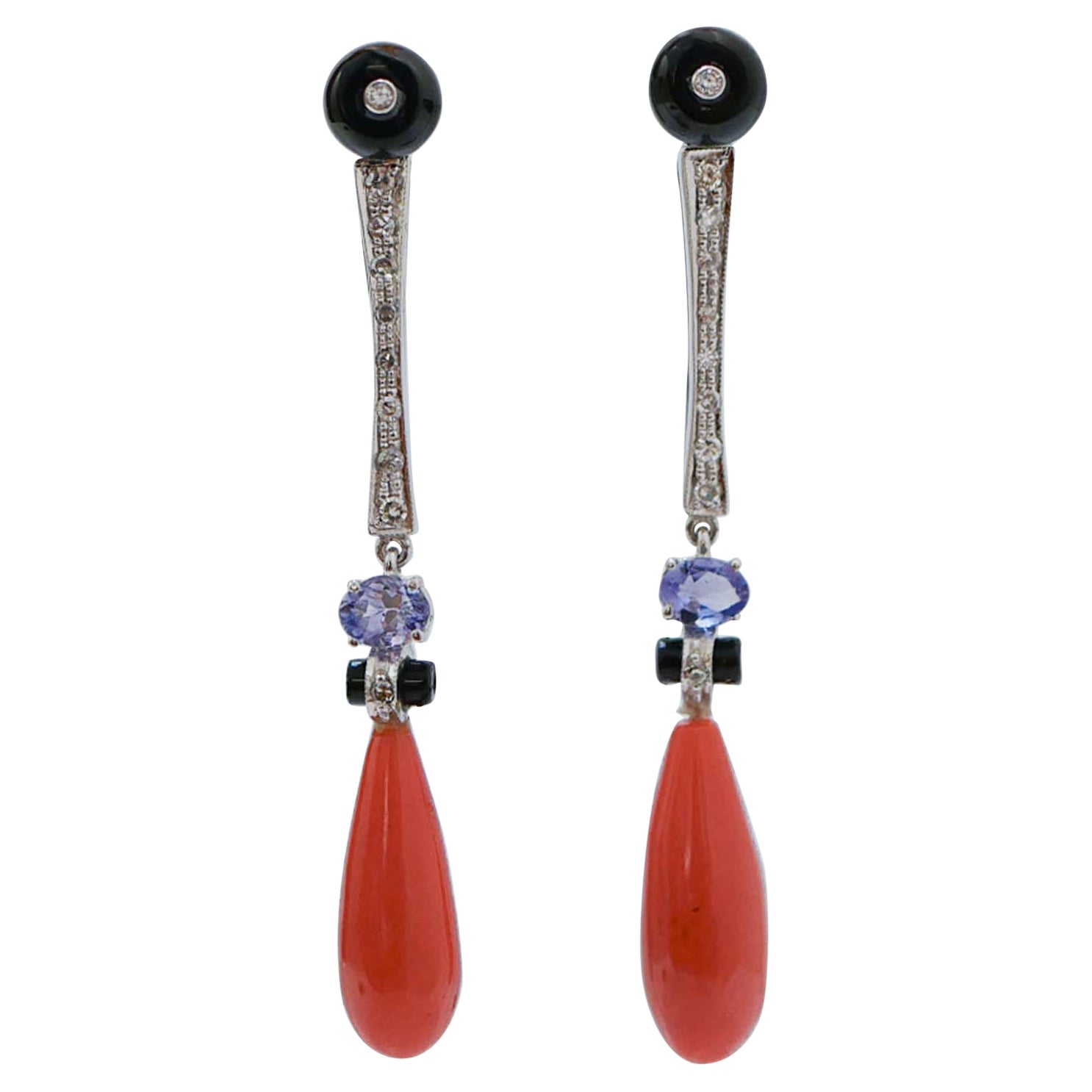 Coral, Onyx, Tanzanite, Diamonds, Platinum Earrings.