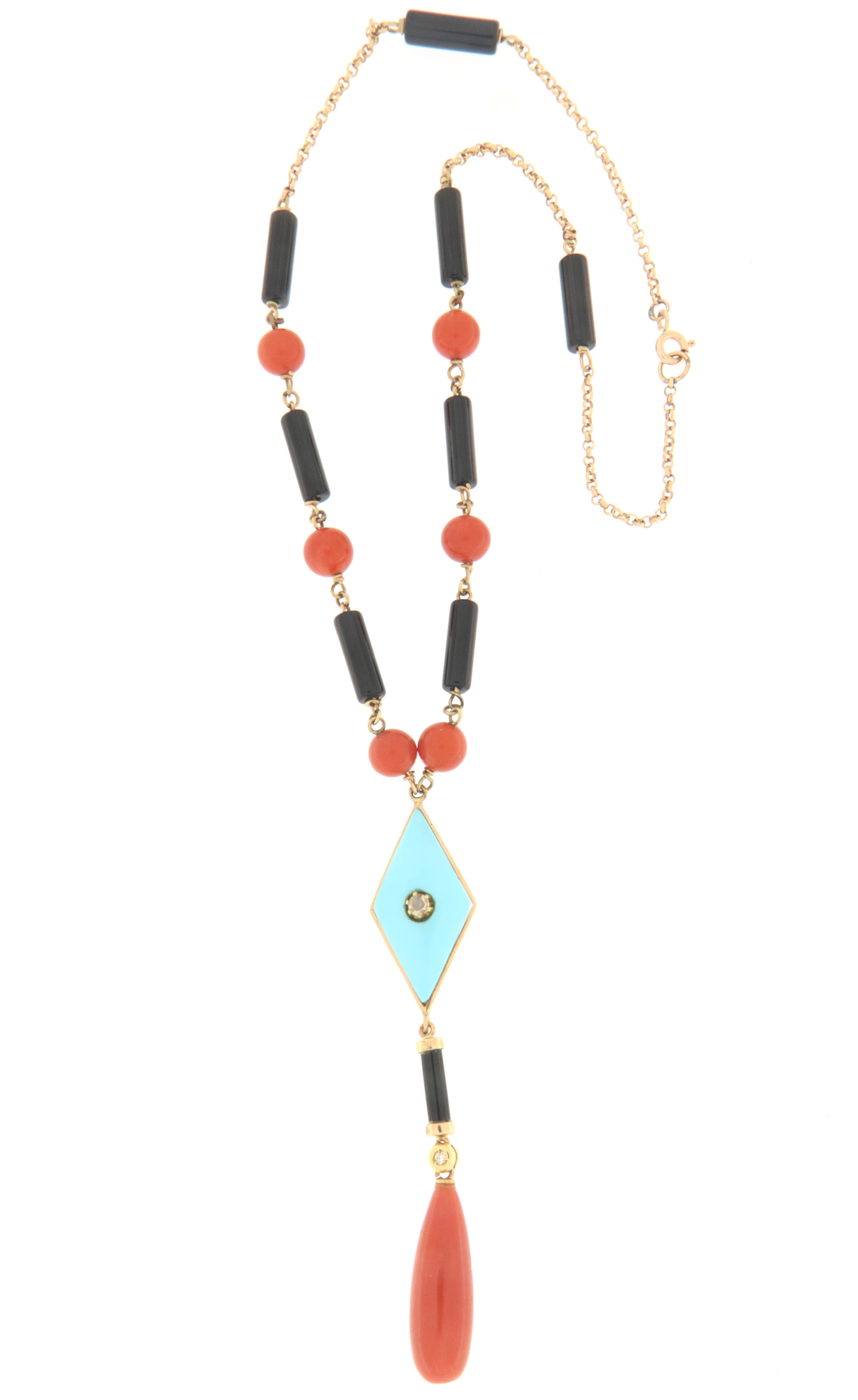 Artisan Coral Onyx Turquoise Diamonds 14 Karat Yellow Gold Pendant Necklace
