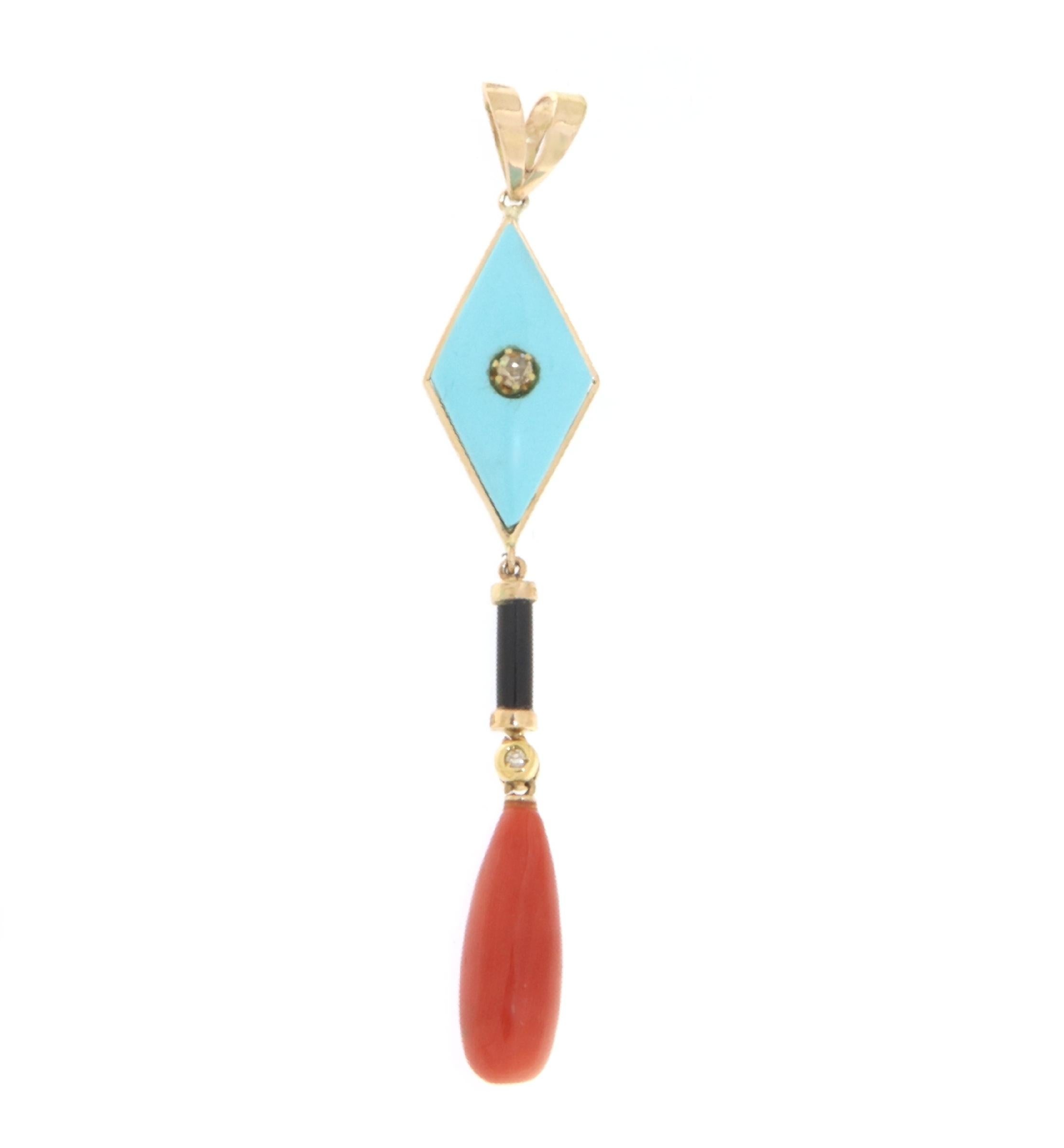 Artisan Coral Onyx Turquoise Diamonds 14 Karat Yellow Gold Pendant Necklace For Sale
