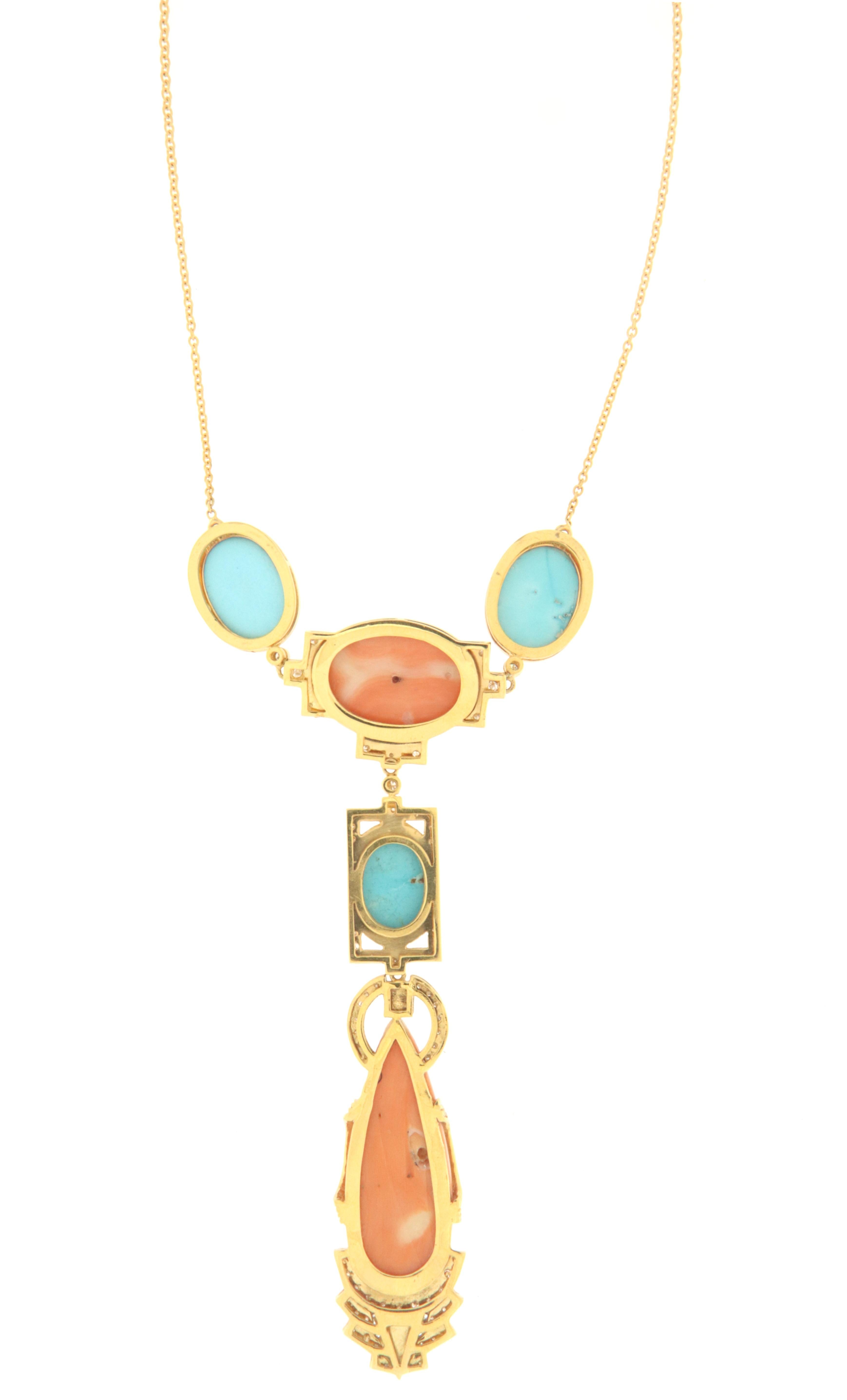 Brilliant Cut Coral Onyx Turquoise Diamonds 14 Karat Yellow Gold Pendant Necklace For Sale