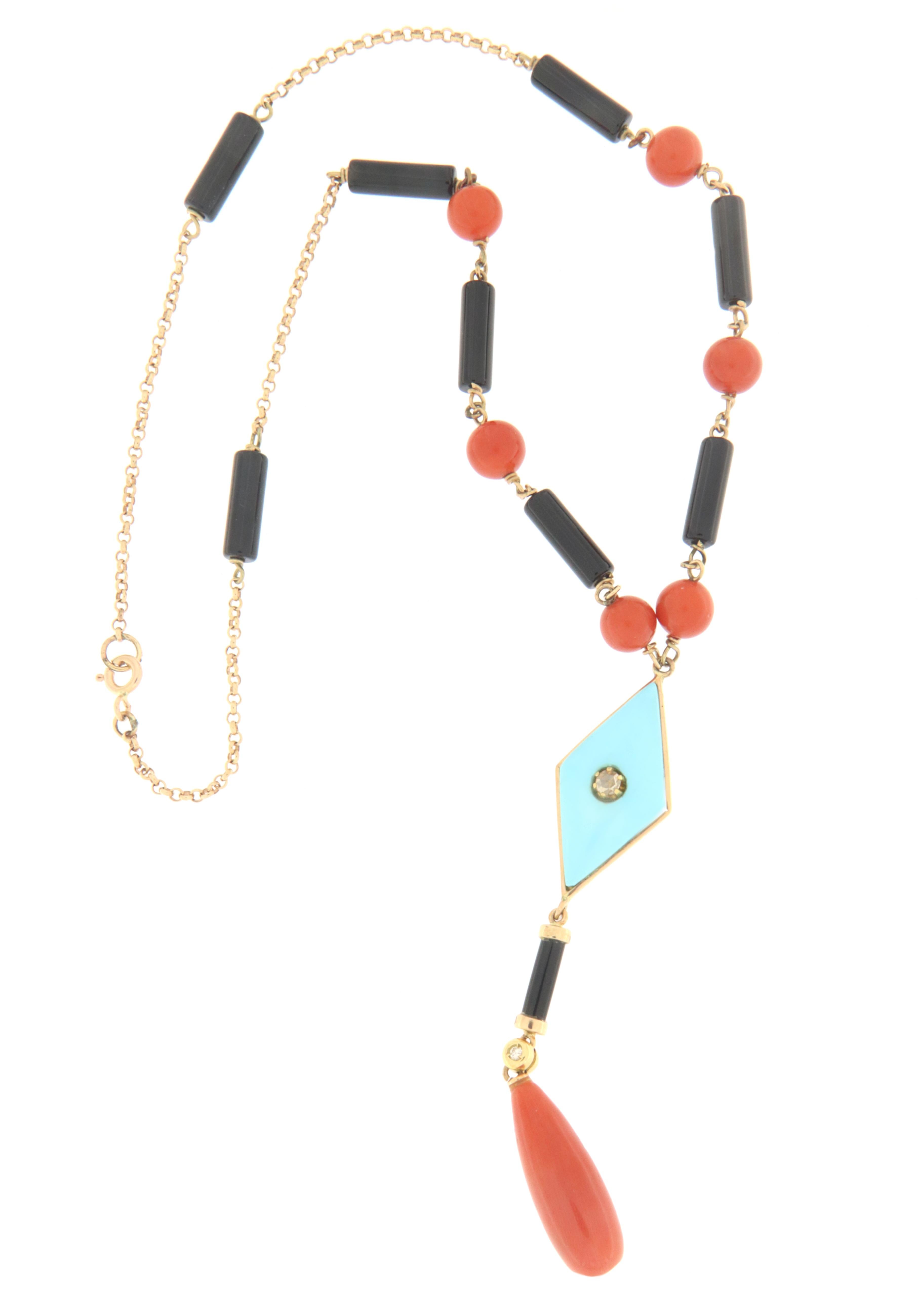 Coral Onyx Turquoise Diamonds 14 Karat Yellow Gold Pendant Necklace In New Condition In Marcianise, IT