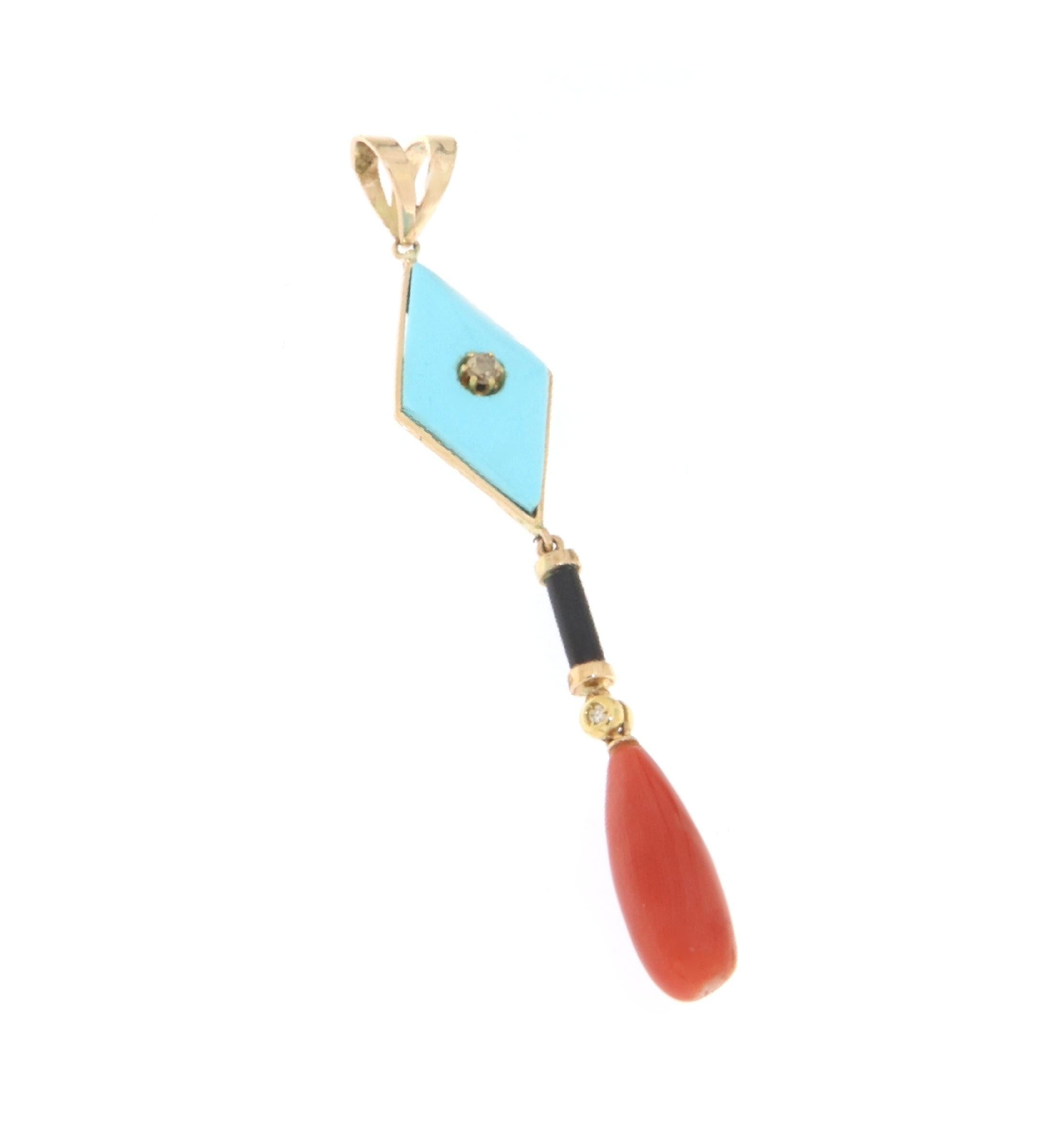 Coral Onyx Turquoise Diamonds 14 Karat Yellow Gold Pendant Necklace In New Condition For Sale In Marcianise, IT