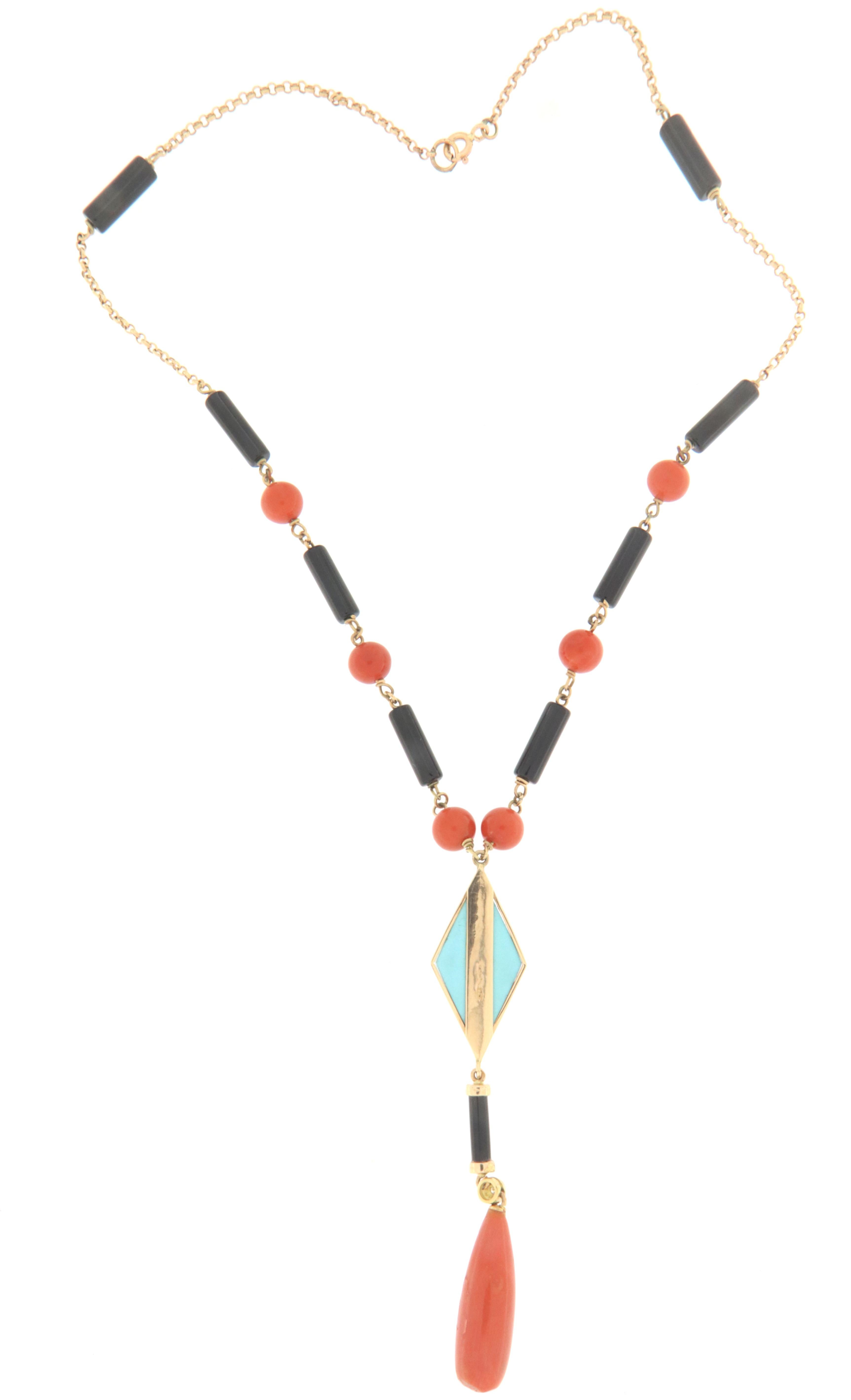 Women's Coral Onyx Turquoise Diamonds 14 Karat Yellow Gold Pendant Necklace
