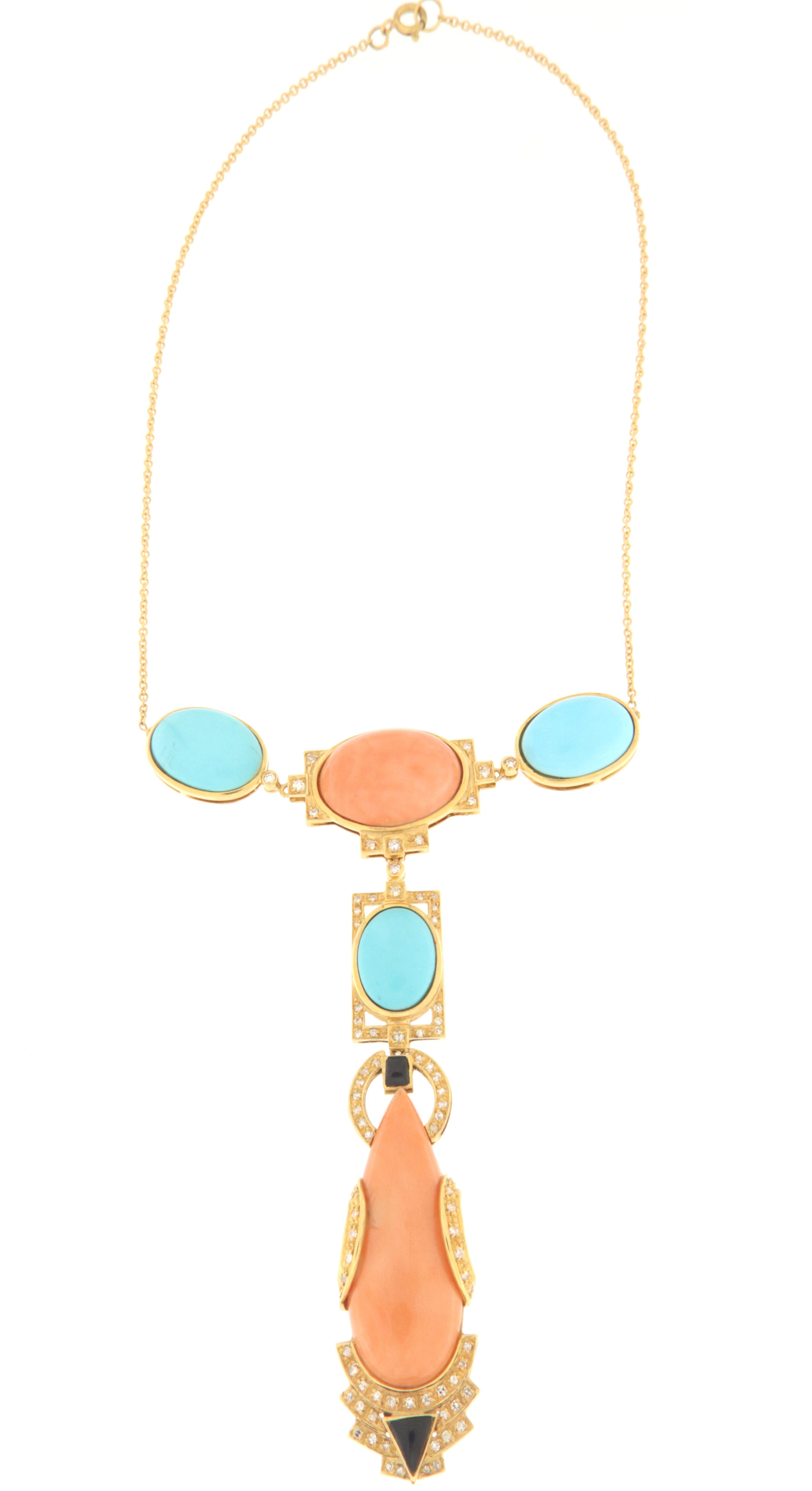 Women's Coral Onyx Turquoise Diamonds 14 Karat Yellow Gold Pendant Necklace For Sale