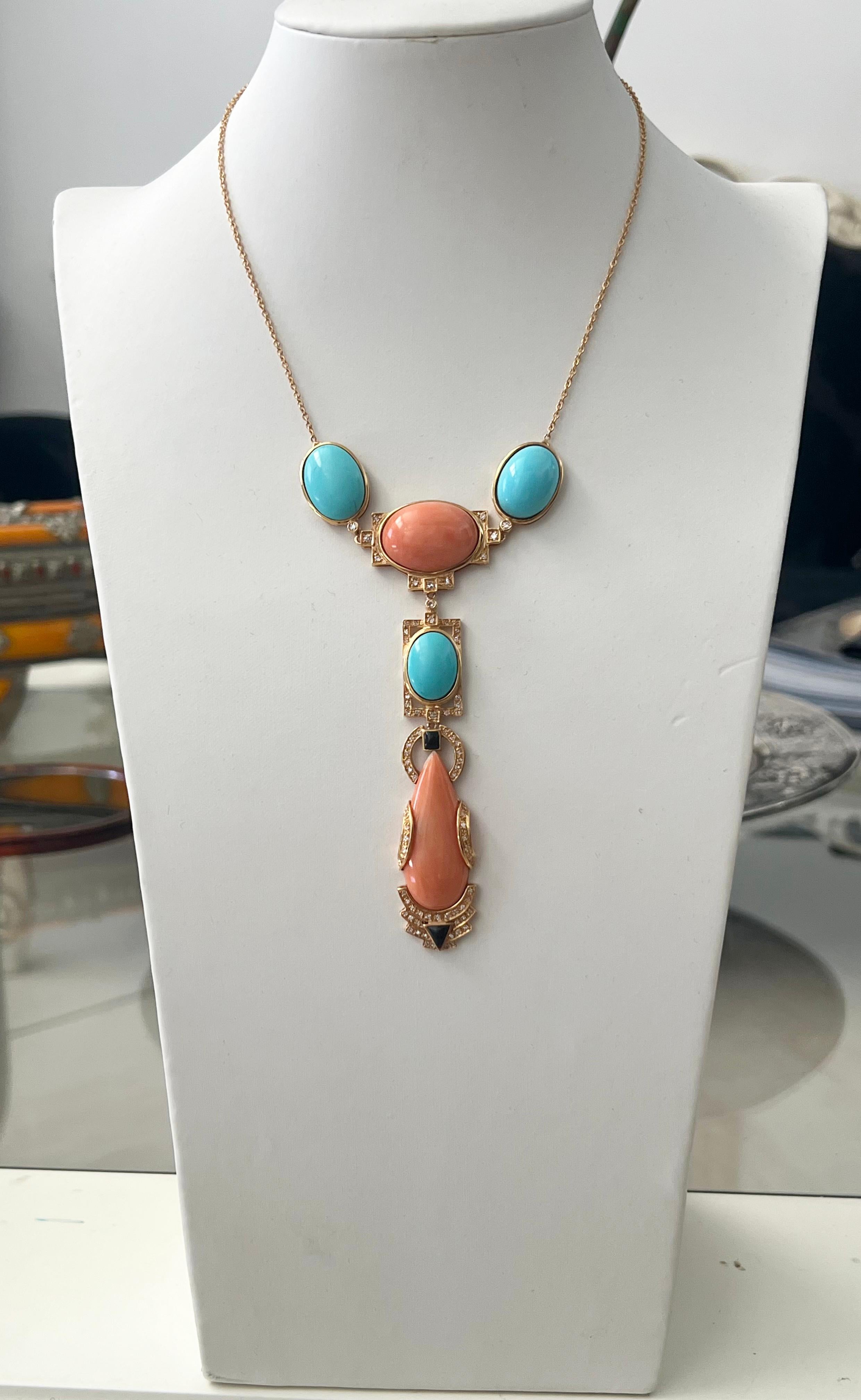 Coral Onyx Turquoise Diamonds 14 Karat Yellow Gold Pendant Necklace For Sale 1