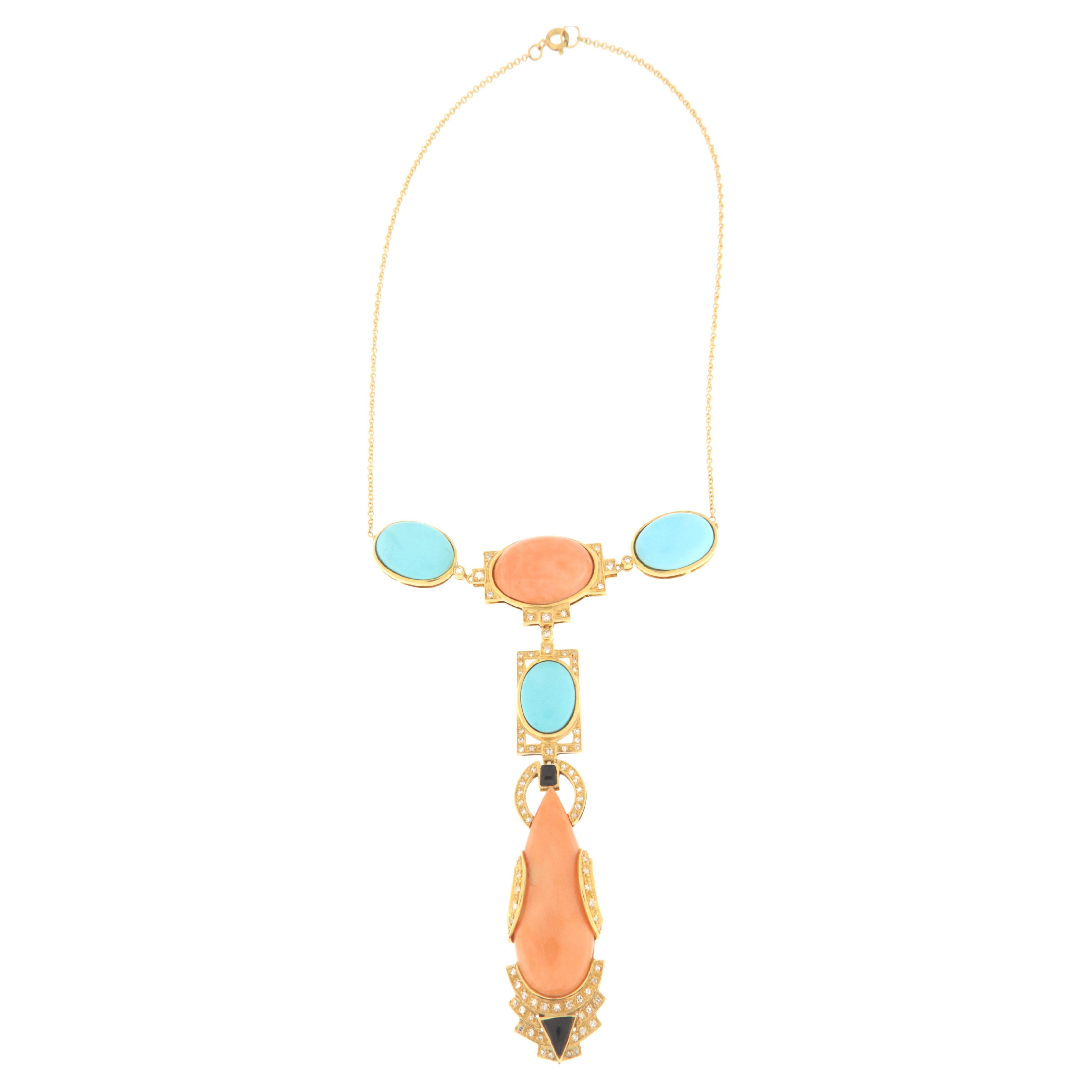 Coral Onyx Turquoise Diamonds 14 Karat Yellow Gold Pendant Necklace