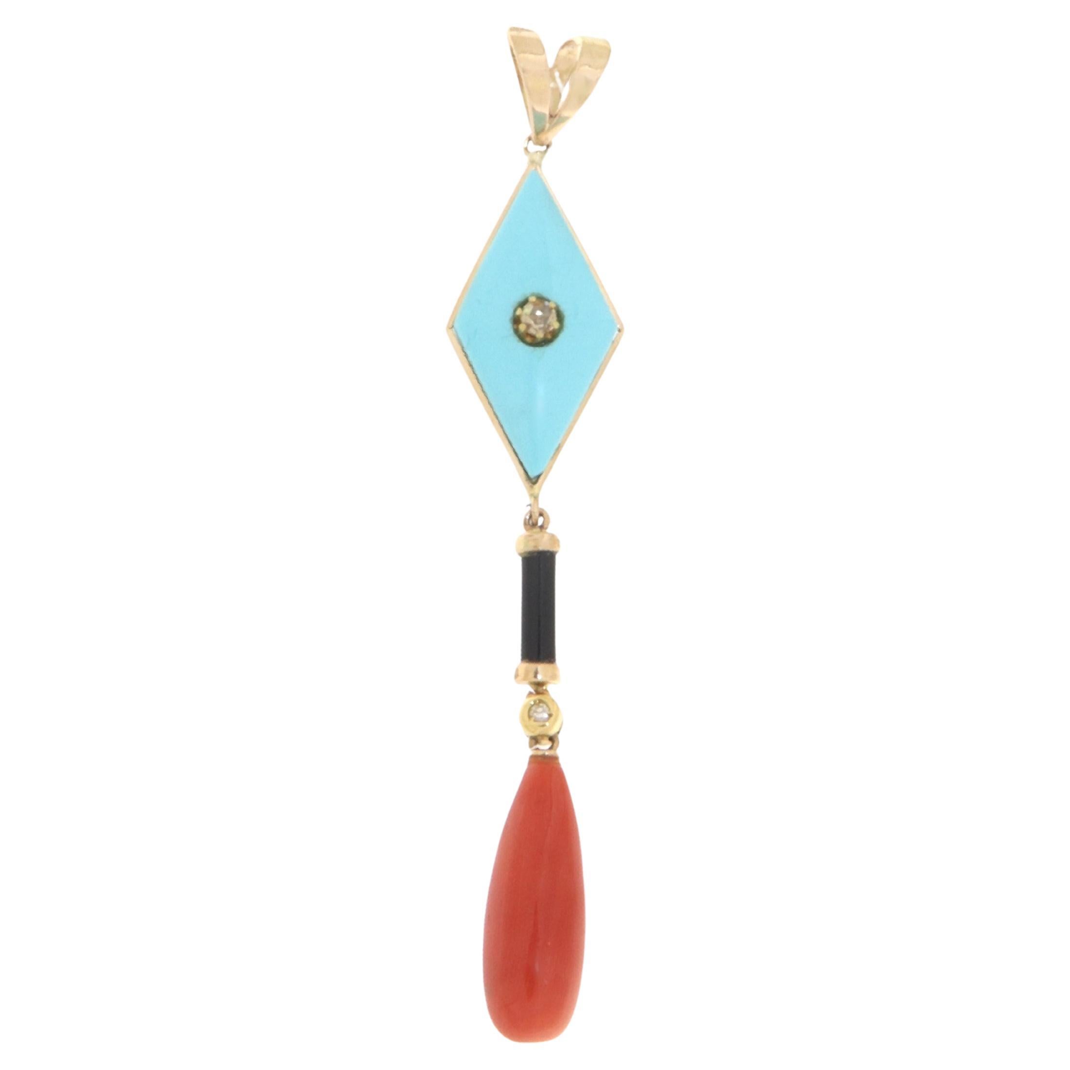 Coral Onyx Turquoise Diamonds 14 Karat Yellow Gold Pendant Necklace For Sale