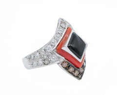 Coral, Onyx, White and Brown Diamonds, 14 Karat White Gold Ring
