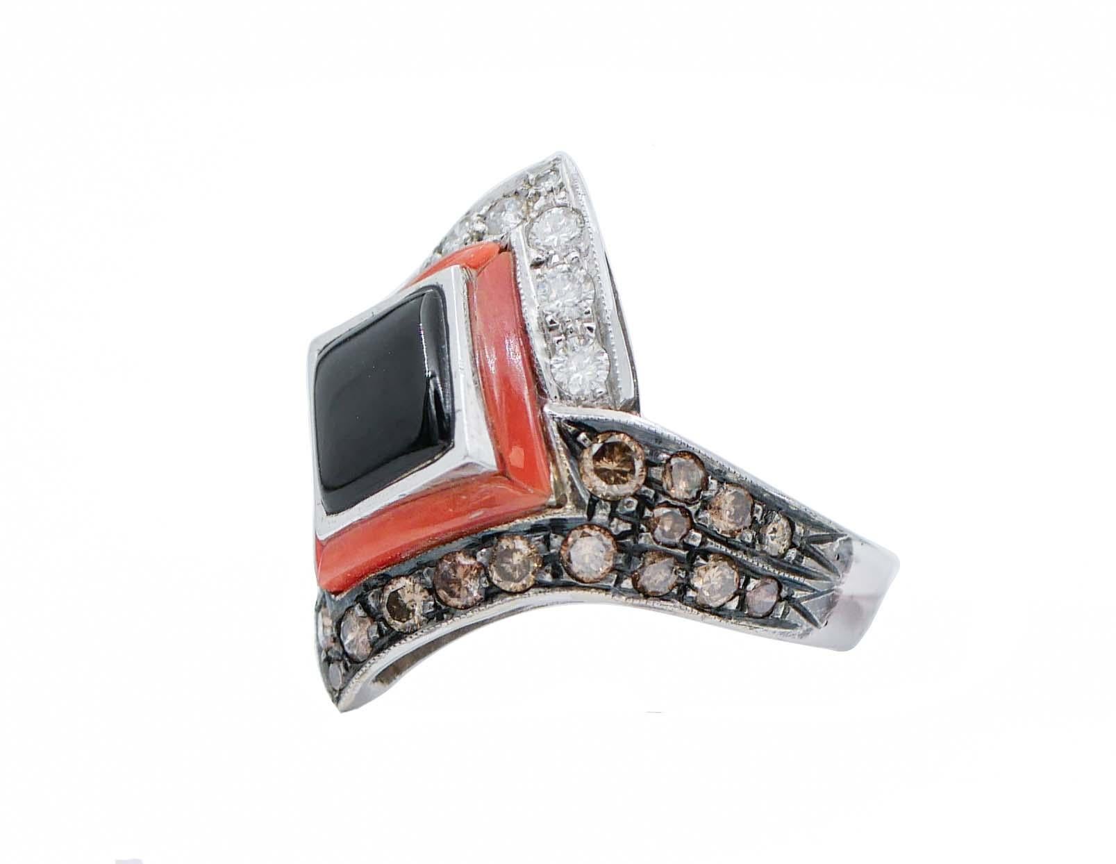 Retro Coral, Onyx, White and Brown Diamonds, 14 Karat White Gold Ring For Sale