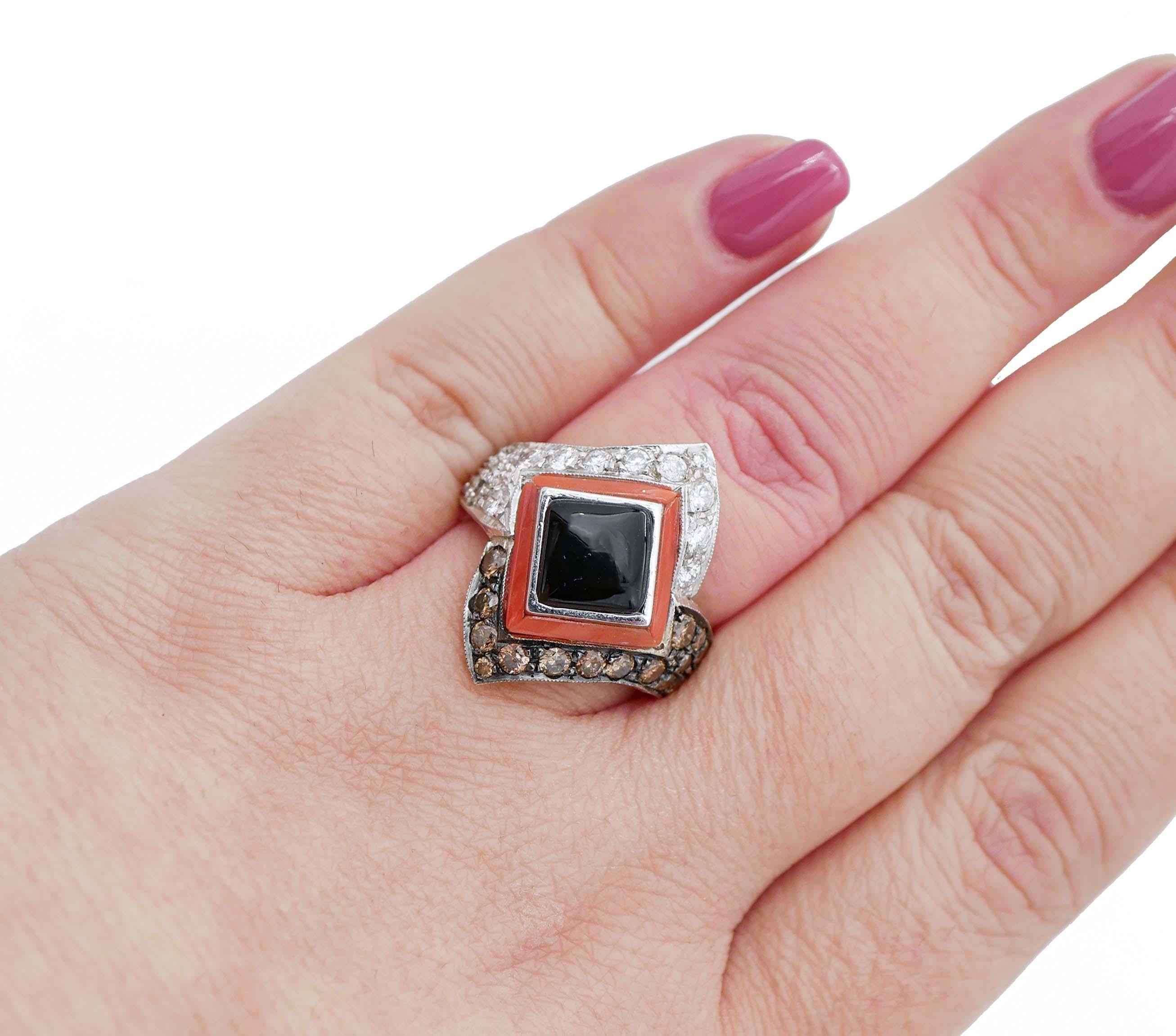 Women's Coral, Onyx, White and Brown Diamonds, 14 Karat White Gold Ring For Sale