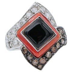 Coral, Onyx, White and Brown Diamonds, 14 Karat White Gold Ring