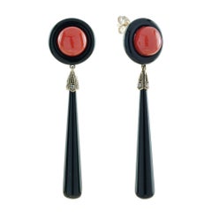 Coral Onyx with Rose Cut Diamond Art Deco Style Drop Earrings in 9K Yellow Gold