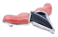 Coral, Onyx, Diamonds, 18 Karat White Gold Brooch