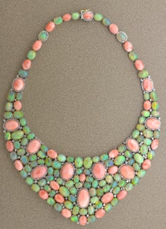 Coral Opal Diamond Sterling Silver Necklace