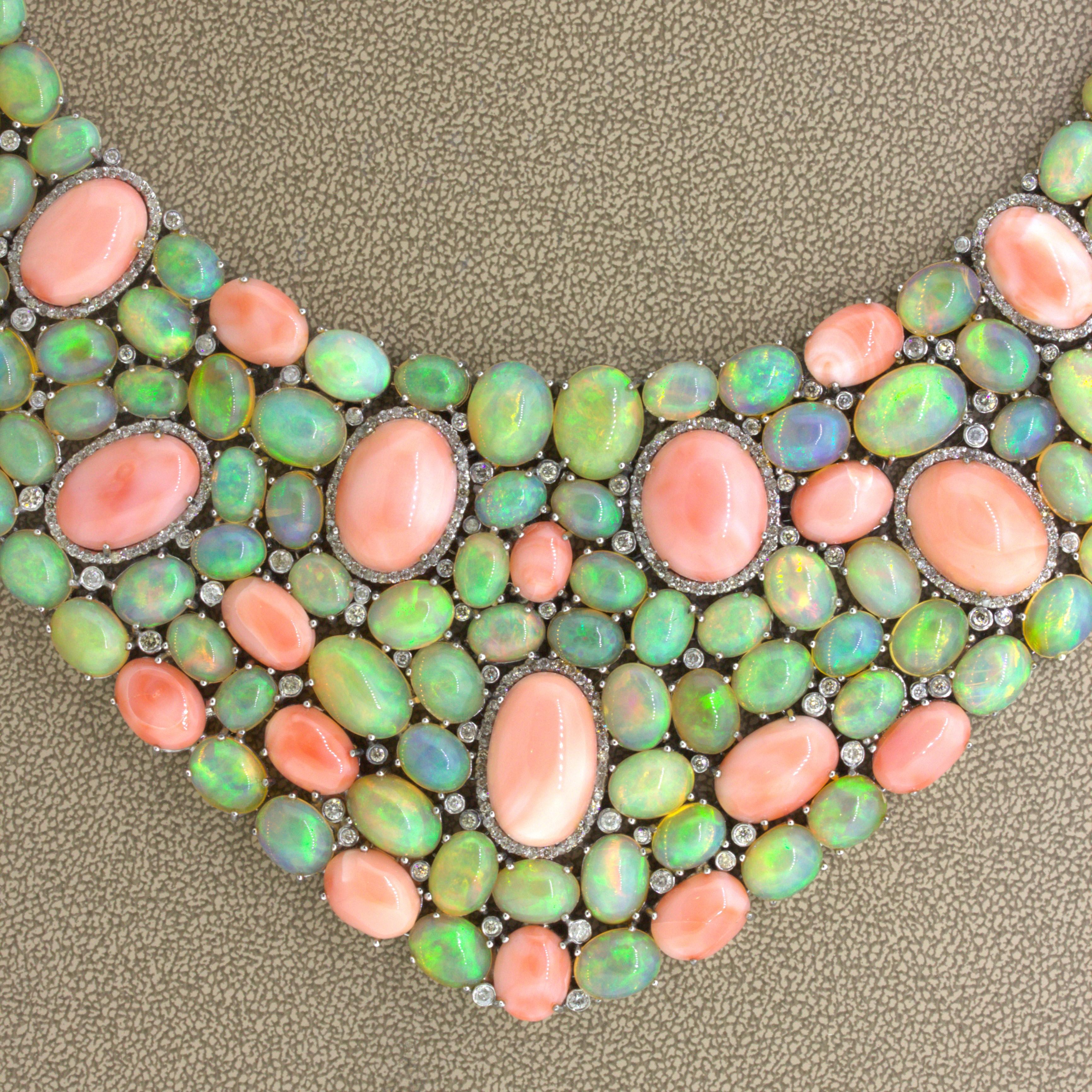 Coral Opal Diamond Sterling Silver Necklace In New Condition For Sale In Beverly Hills, CA