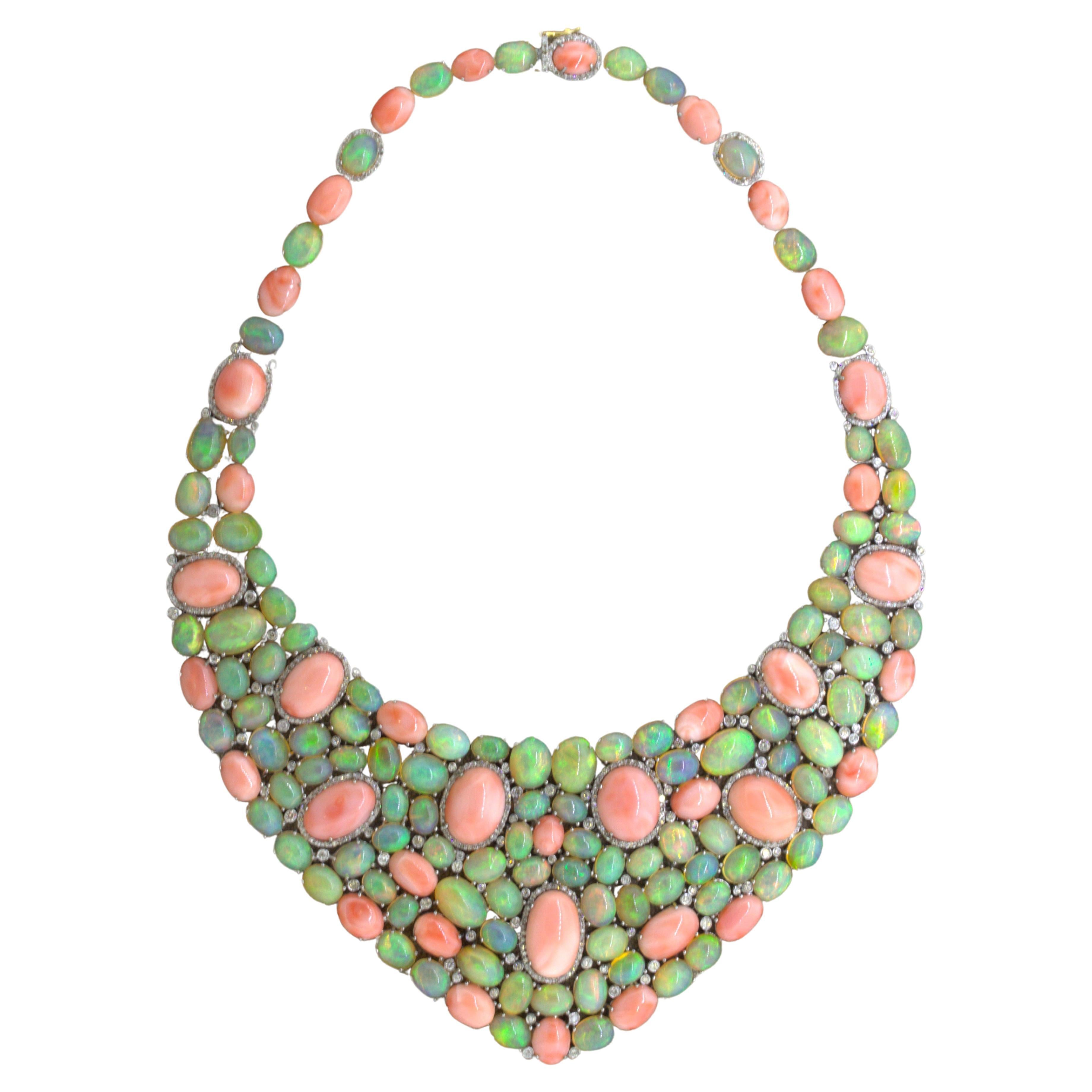 Coral Opal Diamond Sterling Silver Necklace