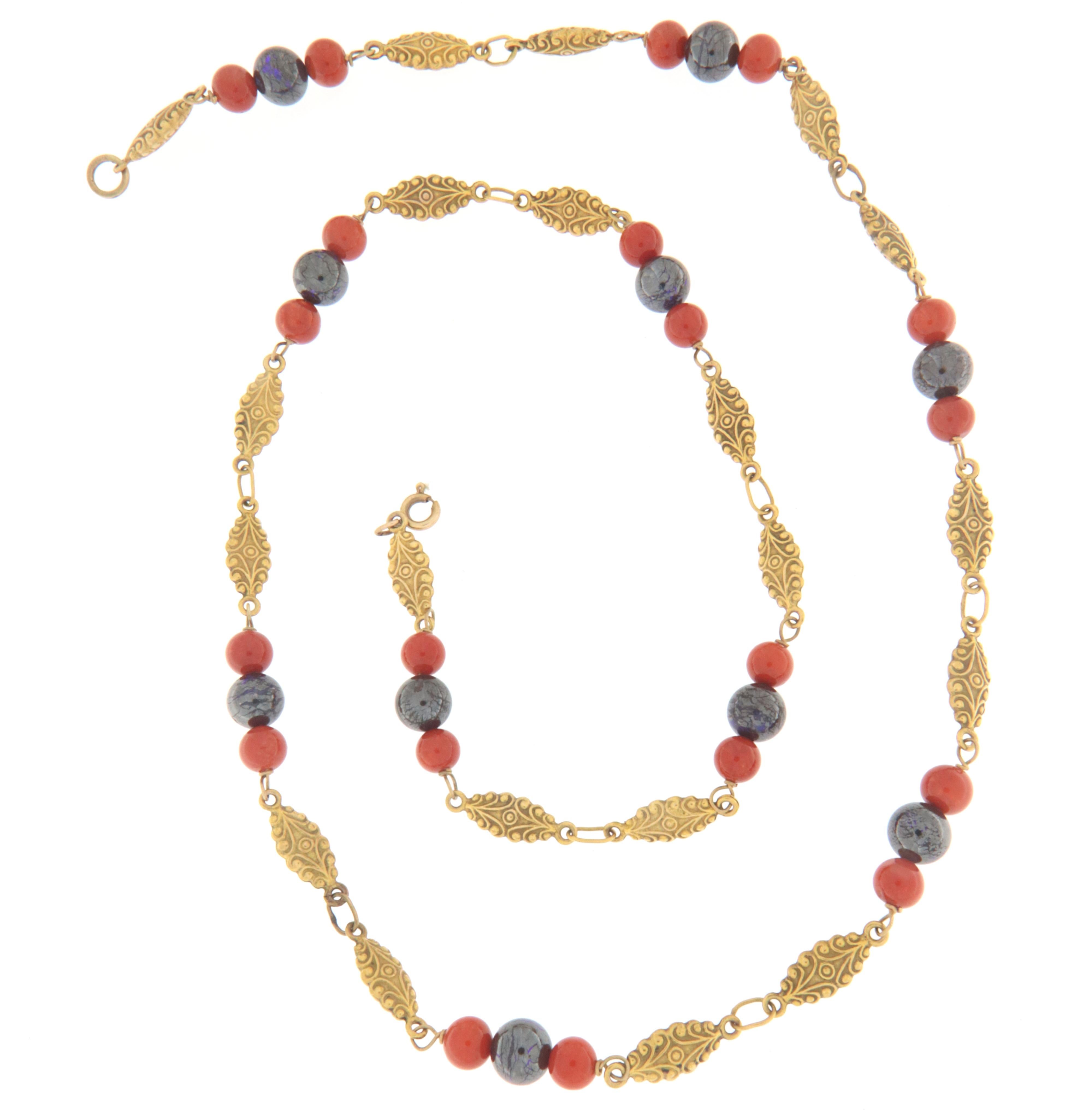 Artisan Coral Opals 14 Karat Yellow Gold Beaded Necklace For Sale