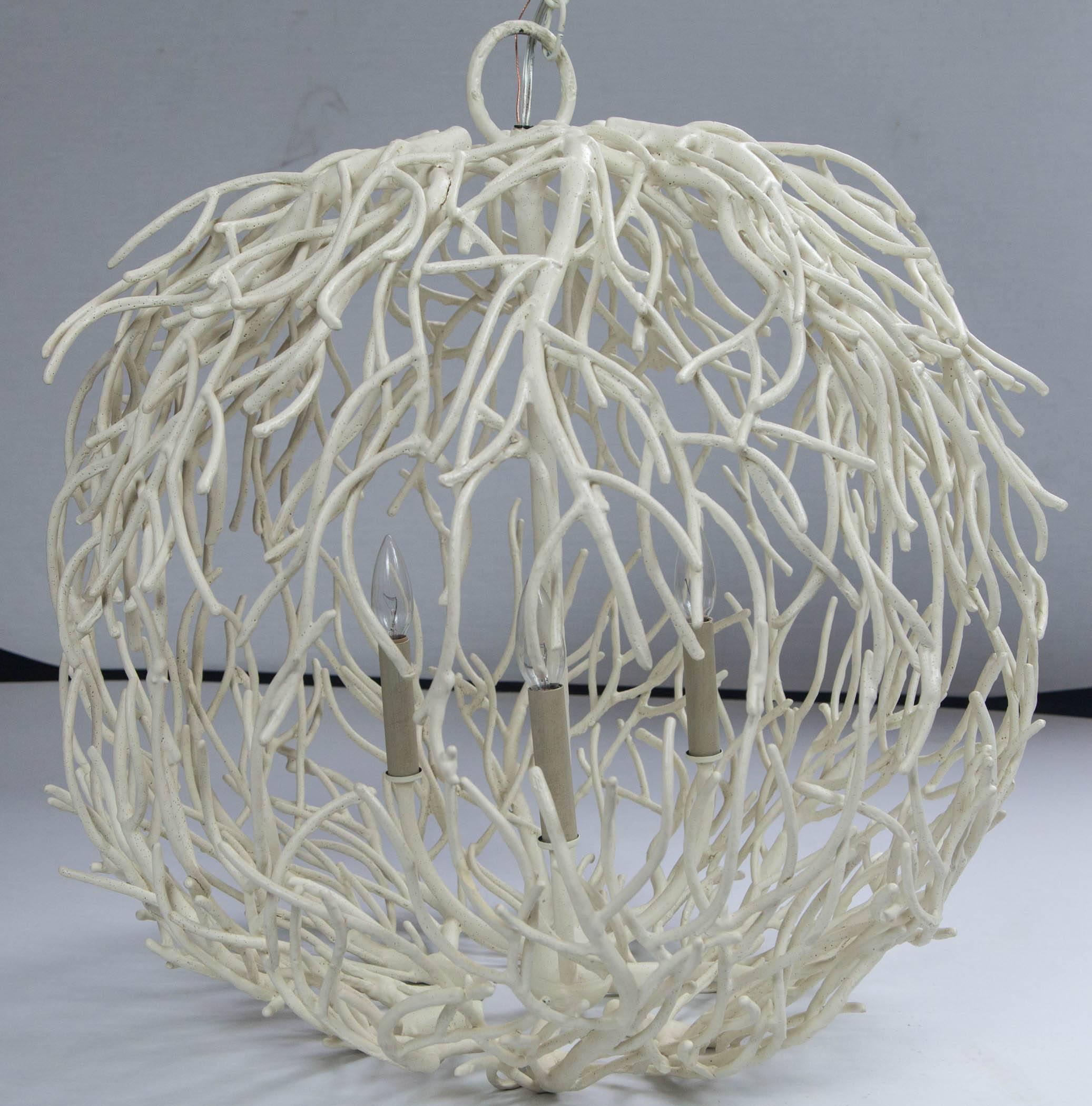 A large dramatic white painted coral form globe pendant chandelier. Original canopy, three chandelier bulbs.