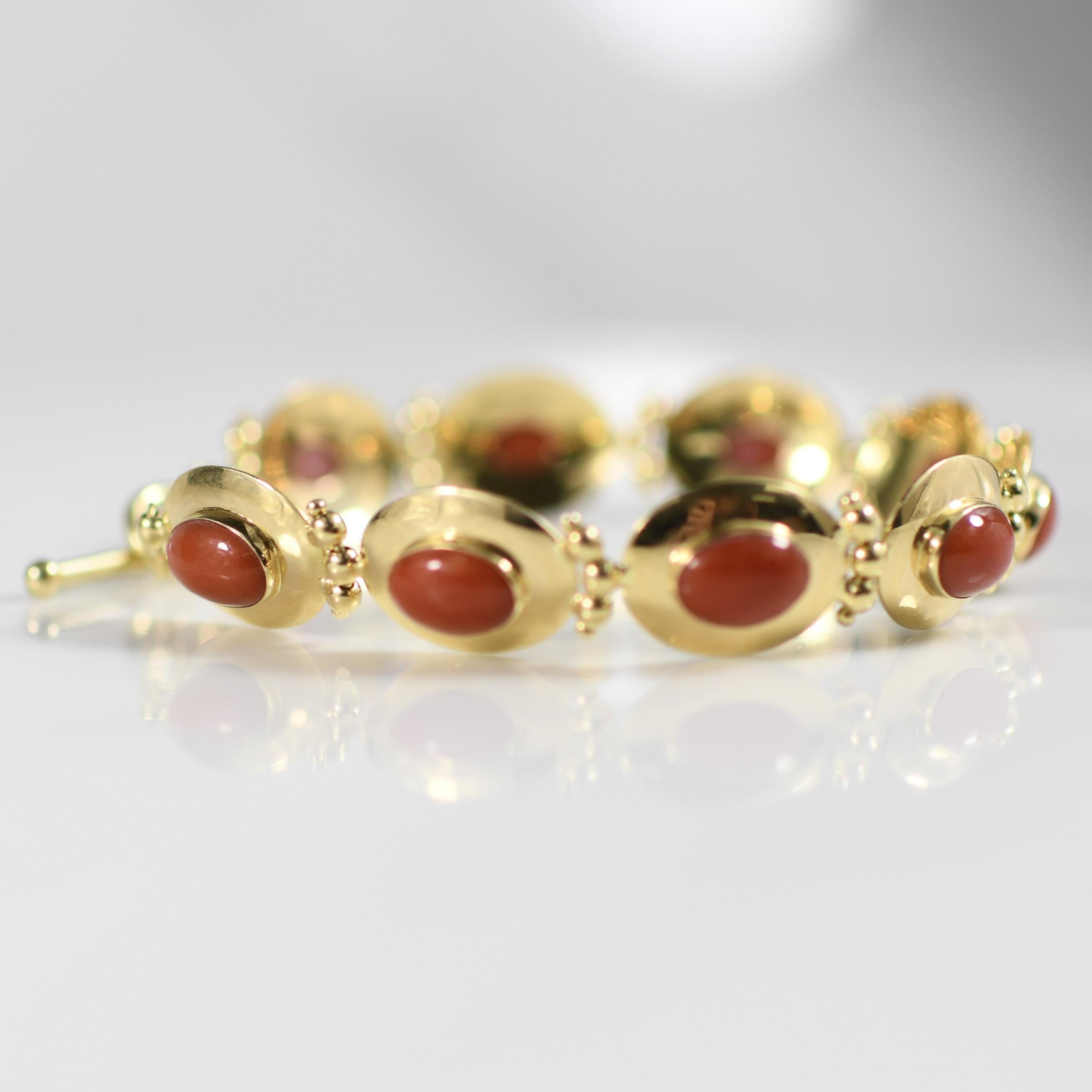 Oval Cut Coral Oval Bezel Set Disc 18k Yellow Gold Links w Toggle Clasp Italian