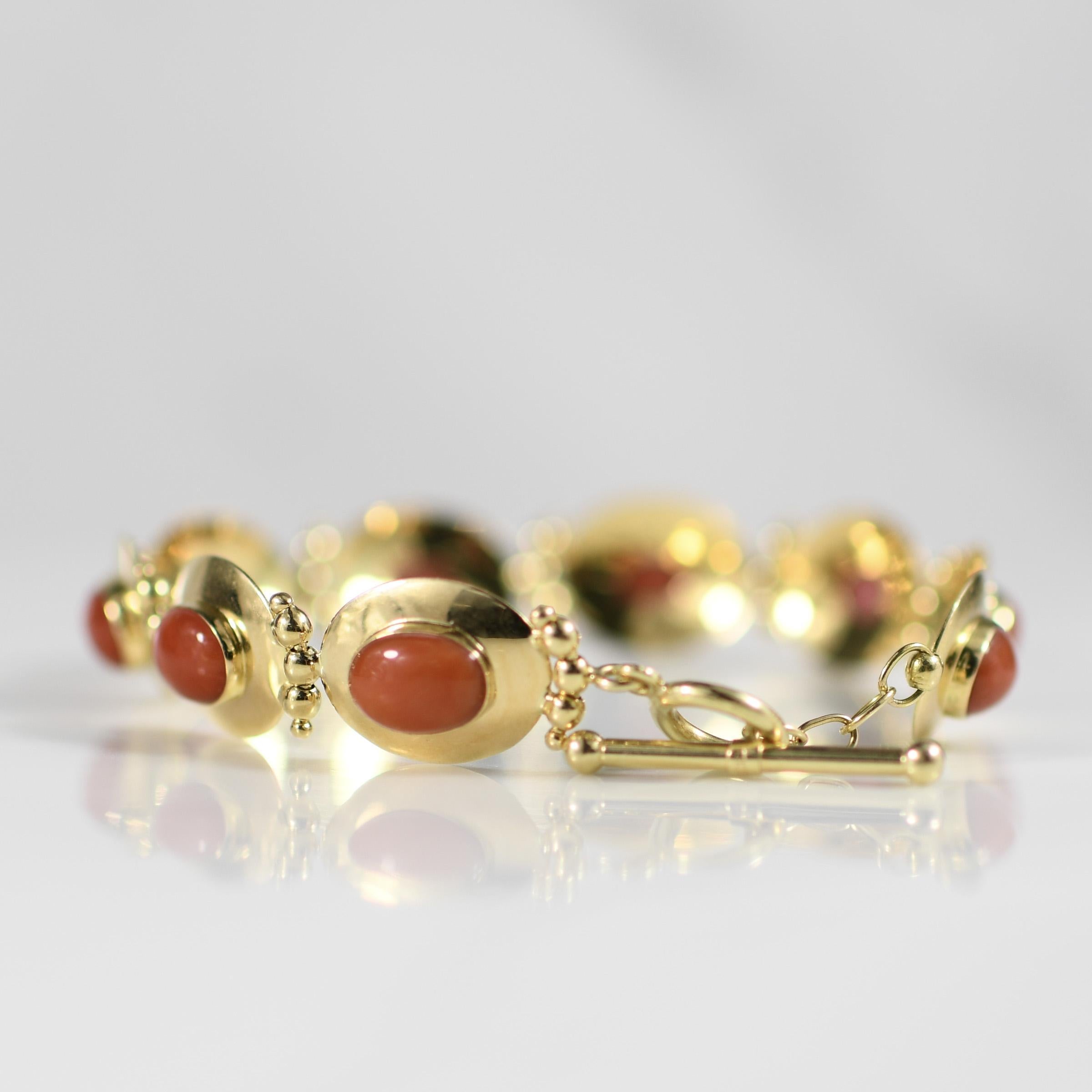 Women's Coral Oval Bezel Set Disc 18k Yellow Gold Links w Toggle Clasp Italian