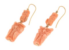 Coral Owl 14 Karat Yellow Gold Drop Earrings