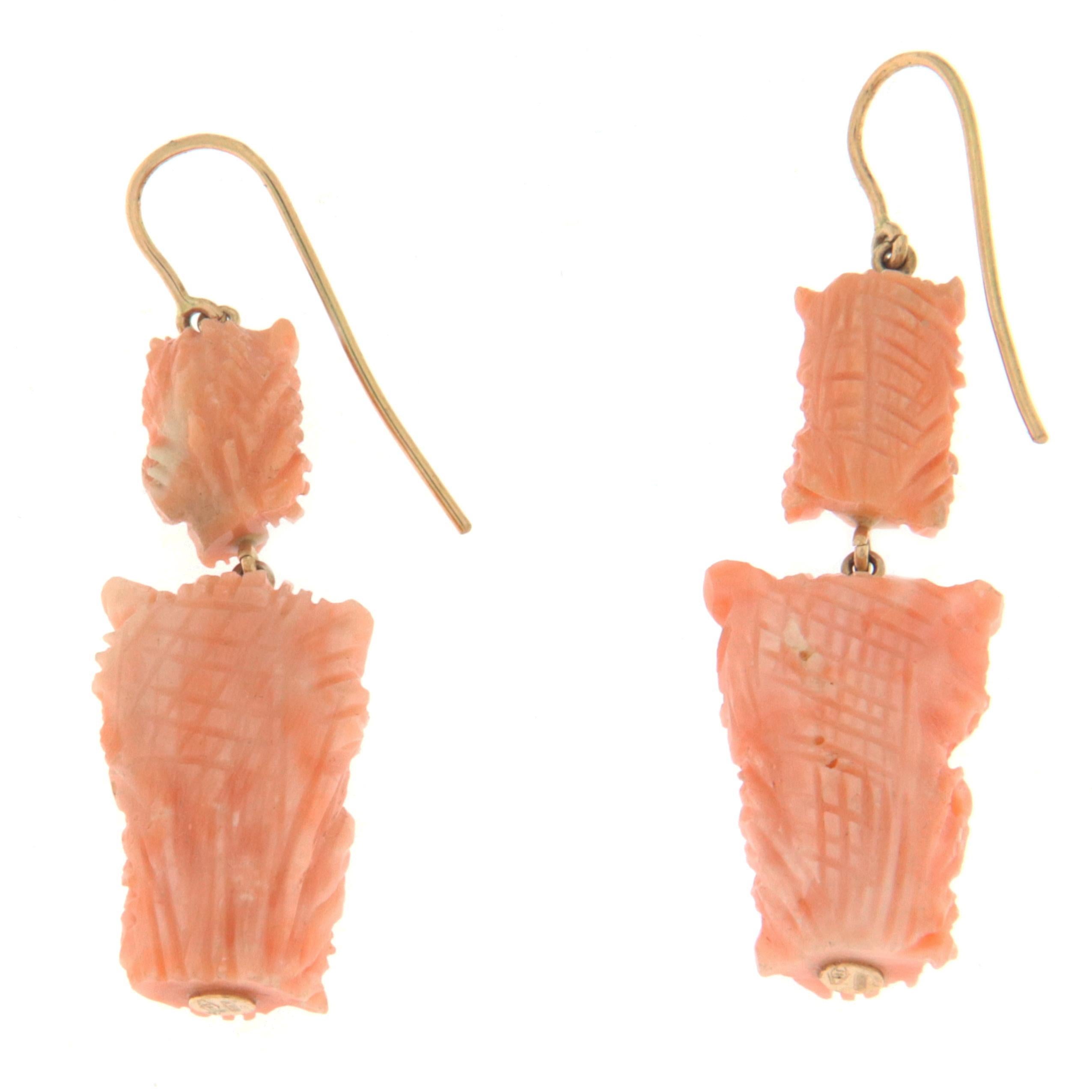 Artisan Coral Owl 14 Karat Yellow Gold Drop Earrings For Sale