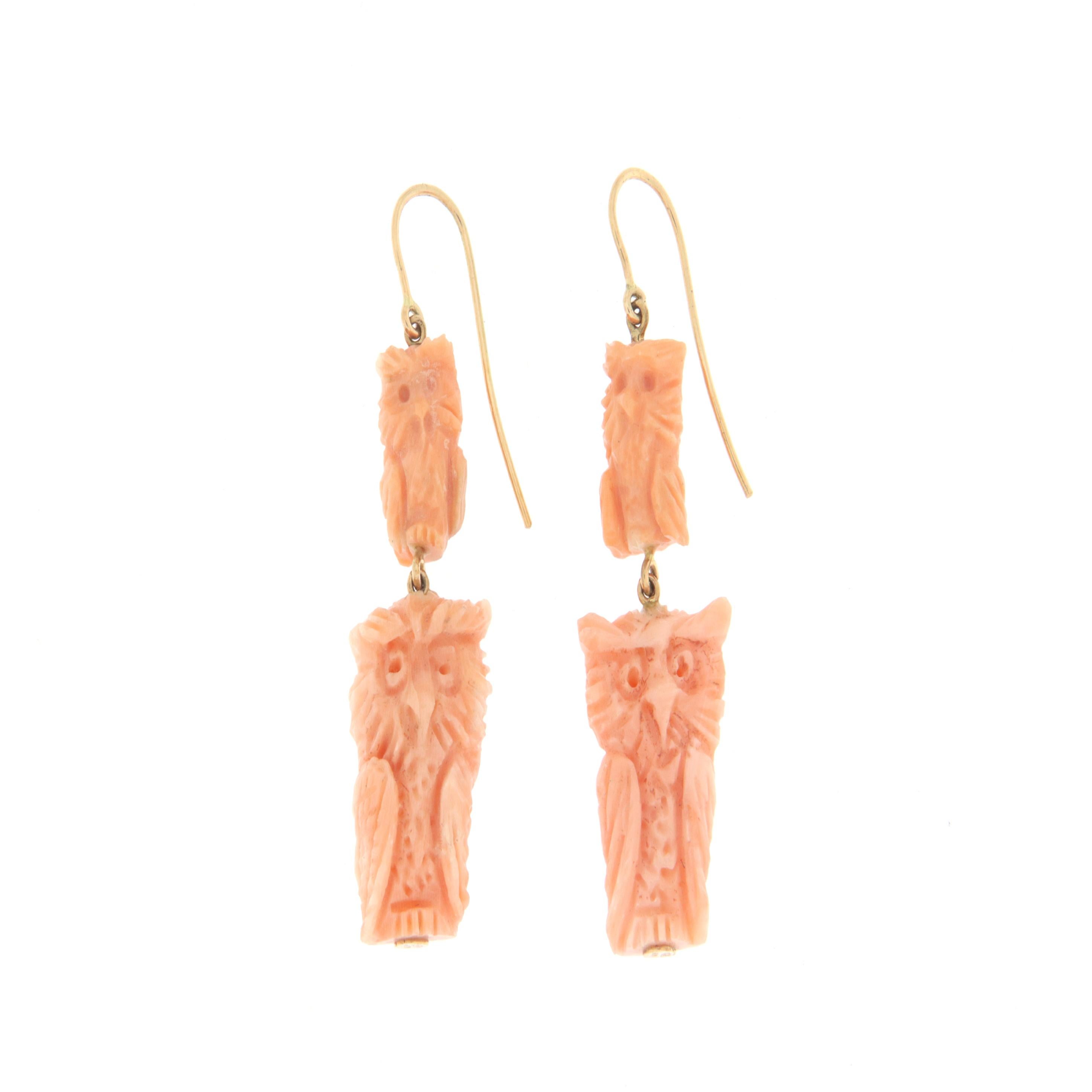 Mixed Cut Coral Owl 14 Karat Yellow Gold Drop Earrings For Sale