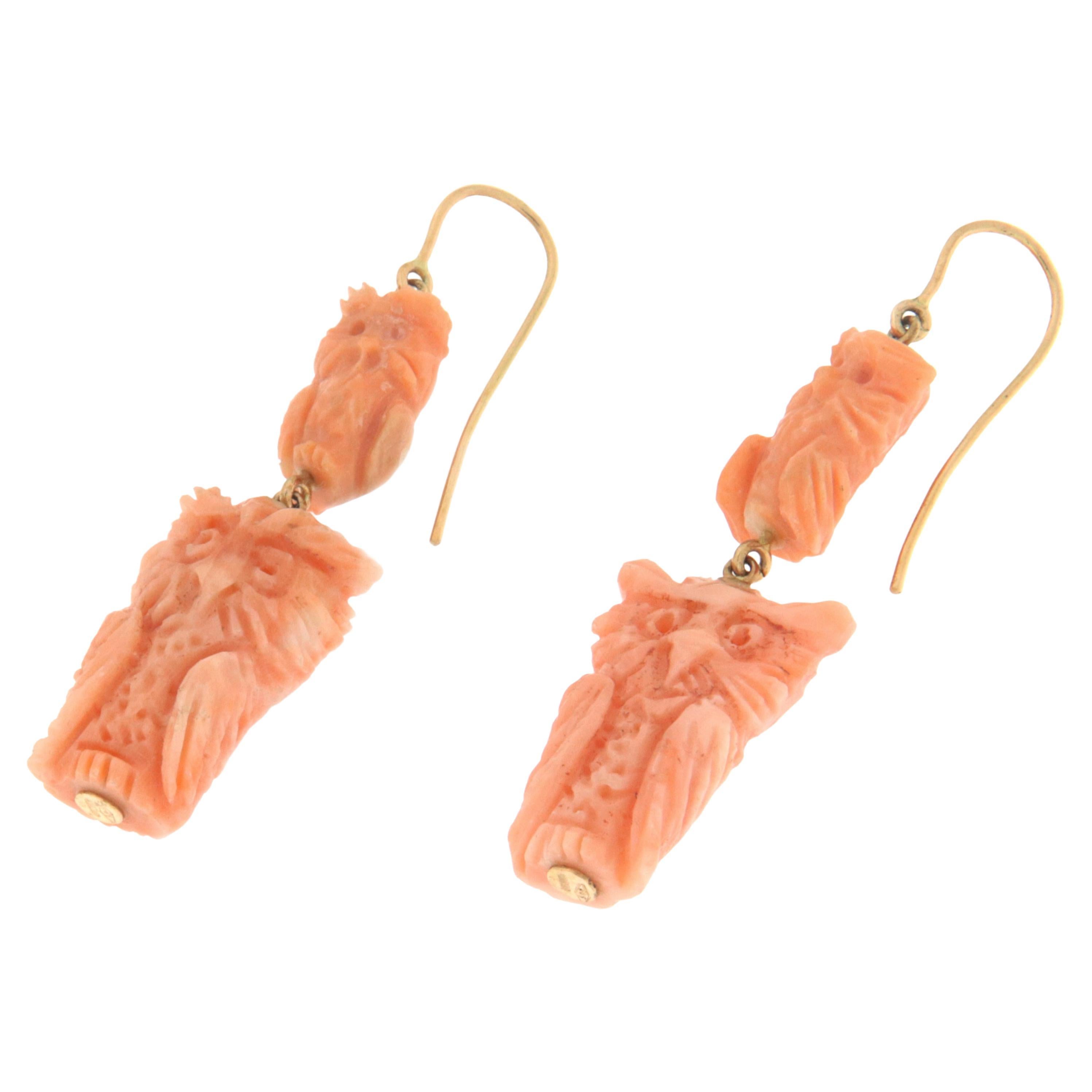 Coral Owl 14 Karat Yellow Gold Drop Earrings For Sale