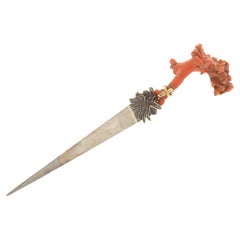 Coral Paper Knife Diamonds Emeralds 18 Karat Yellow Gold