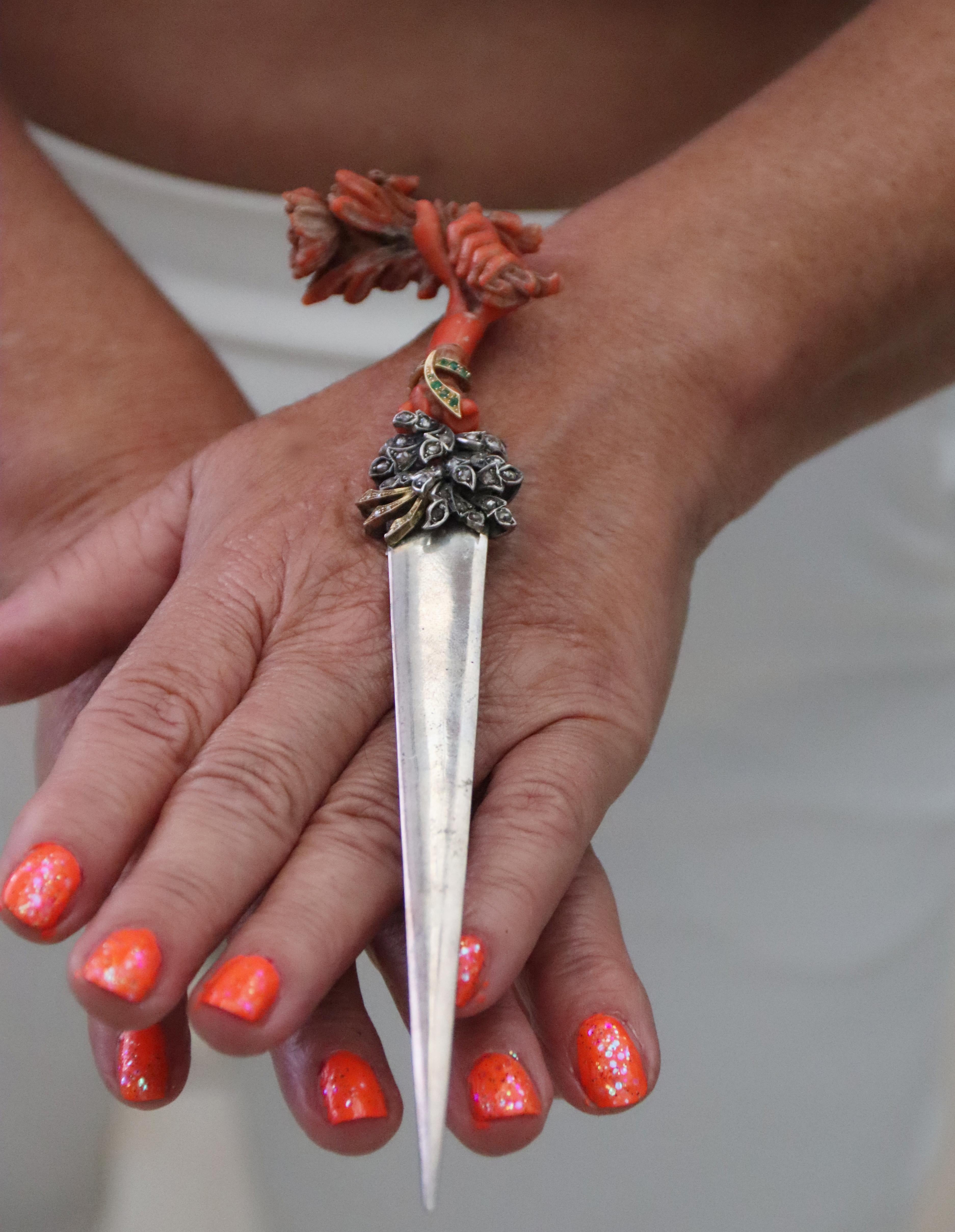 Uncut Coral Paper Knife Diamonds Emeralds 18 Karat Yellow Gold For Sale
