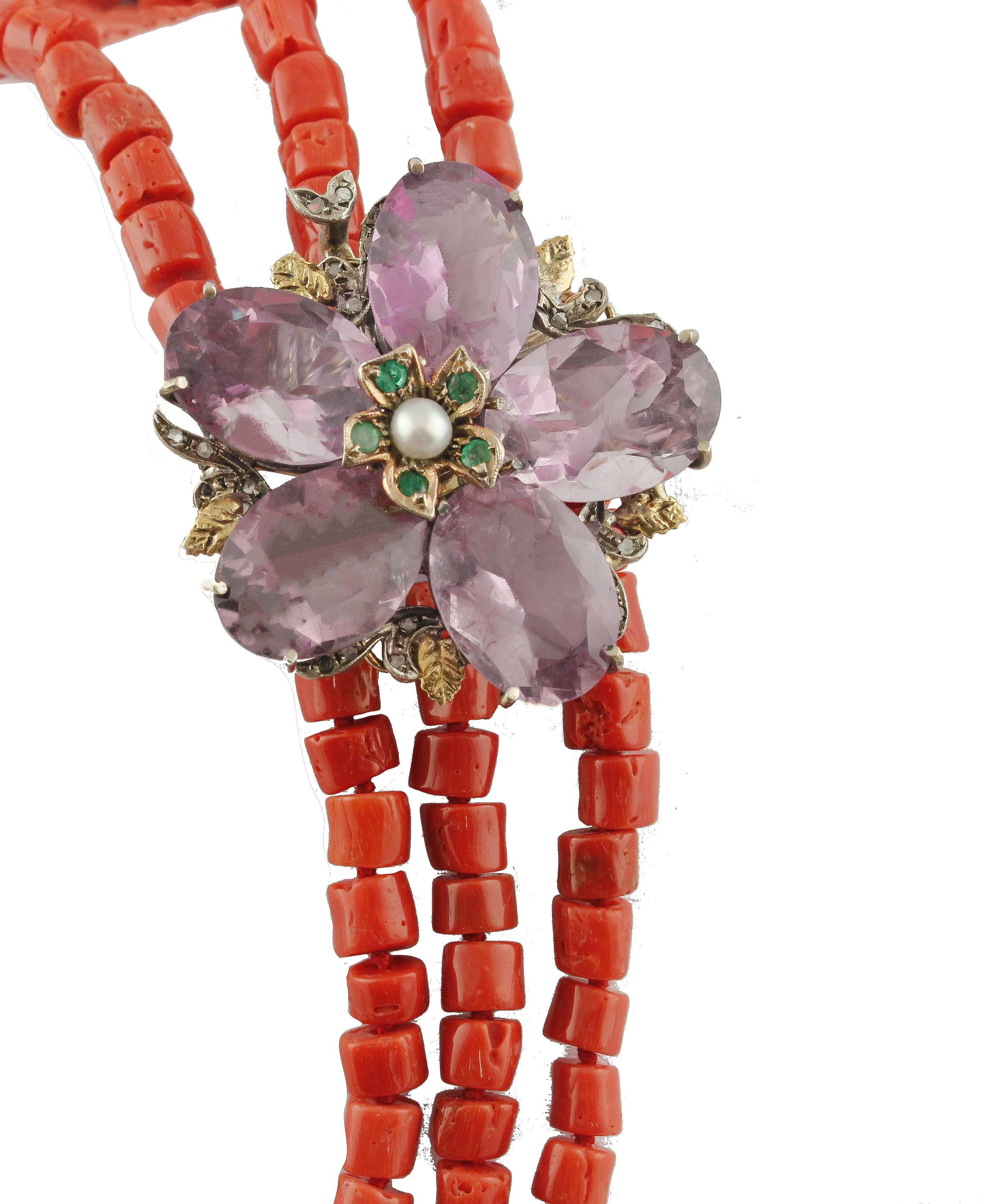 Coral Pearl Amethyst Diamond Rose Gold Silver Necklace In Good Condition In Marcianise, Marcianise (CE)