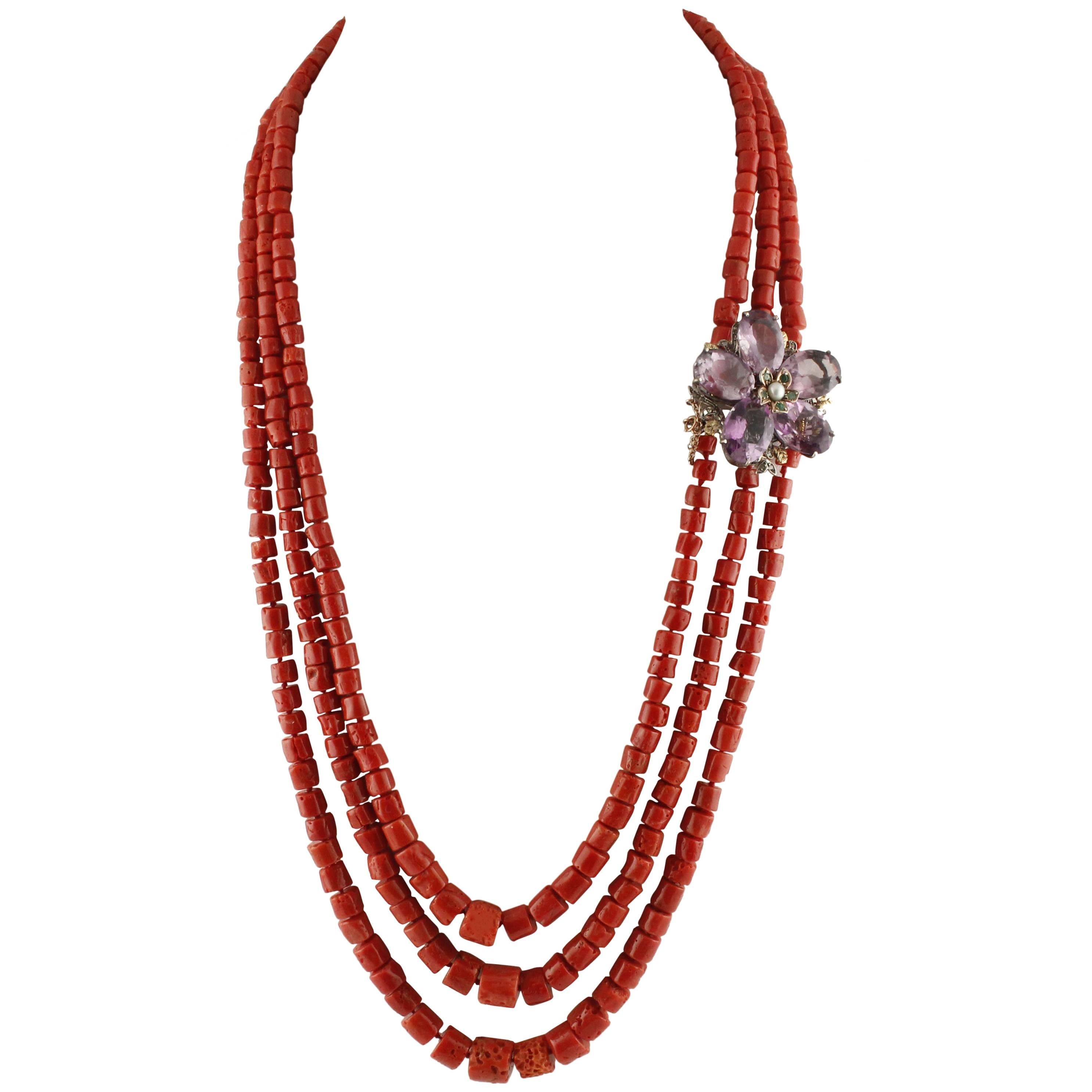 Coral Pearl Amethyst Diamond Rose Gold Silver Necklace