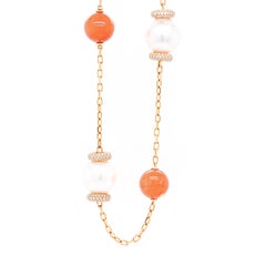 Coral, Pearl and Diamond 18 Carat Rose Gold Chain Station Necklace
