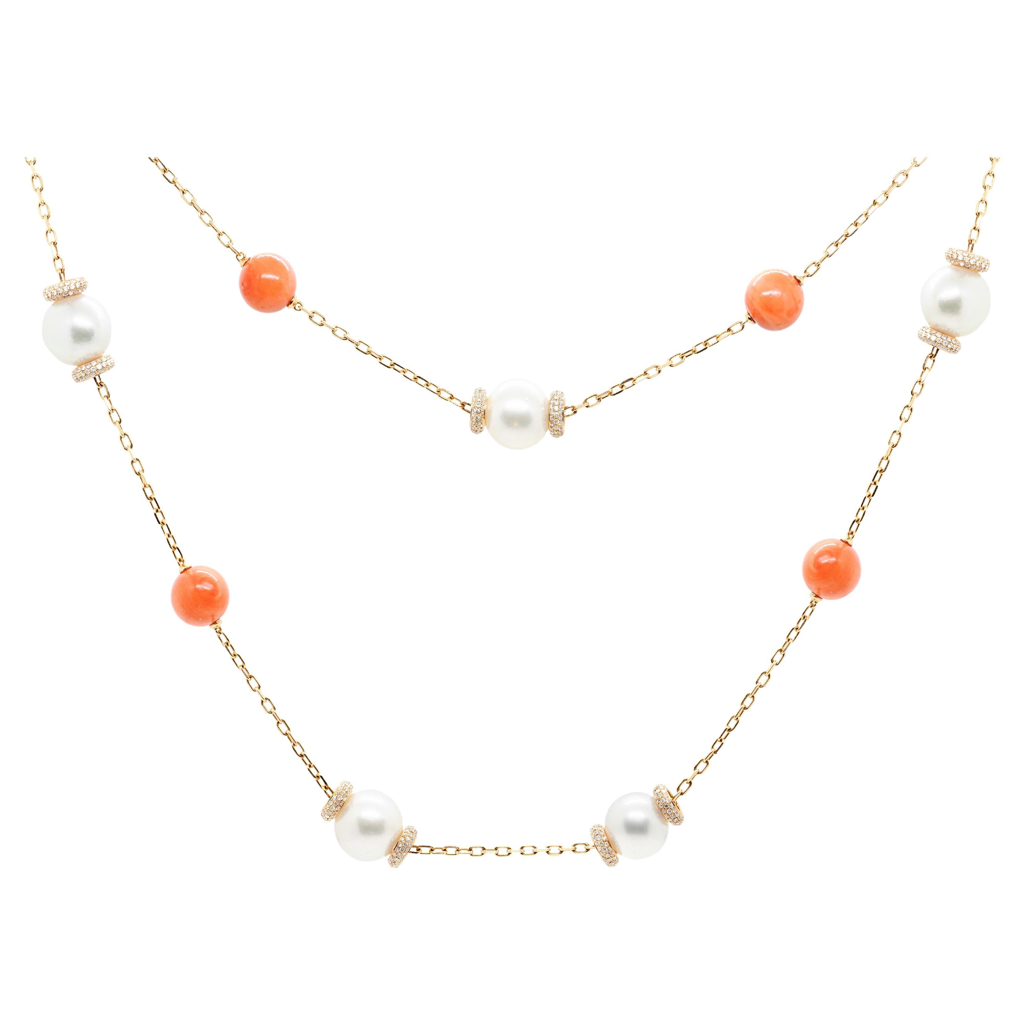 Coral, Pearl and Diamond 18 Carat Rose Gold Chain Station Necklace For Sale