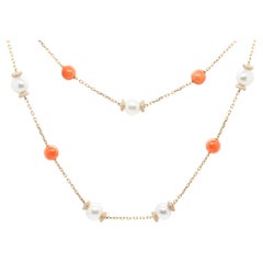 Coral, Pearl and Diamond 18 Carat Rose Gold Chain Station Necklace