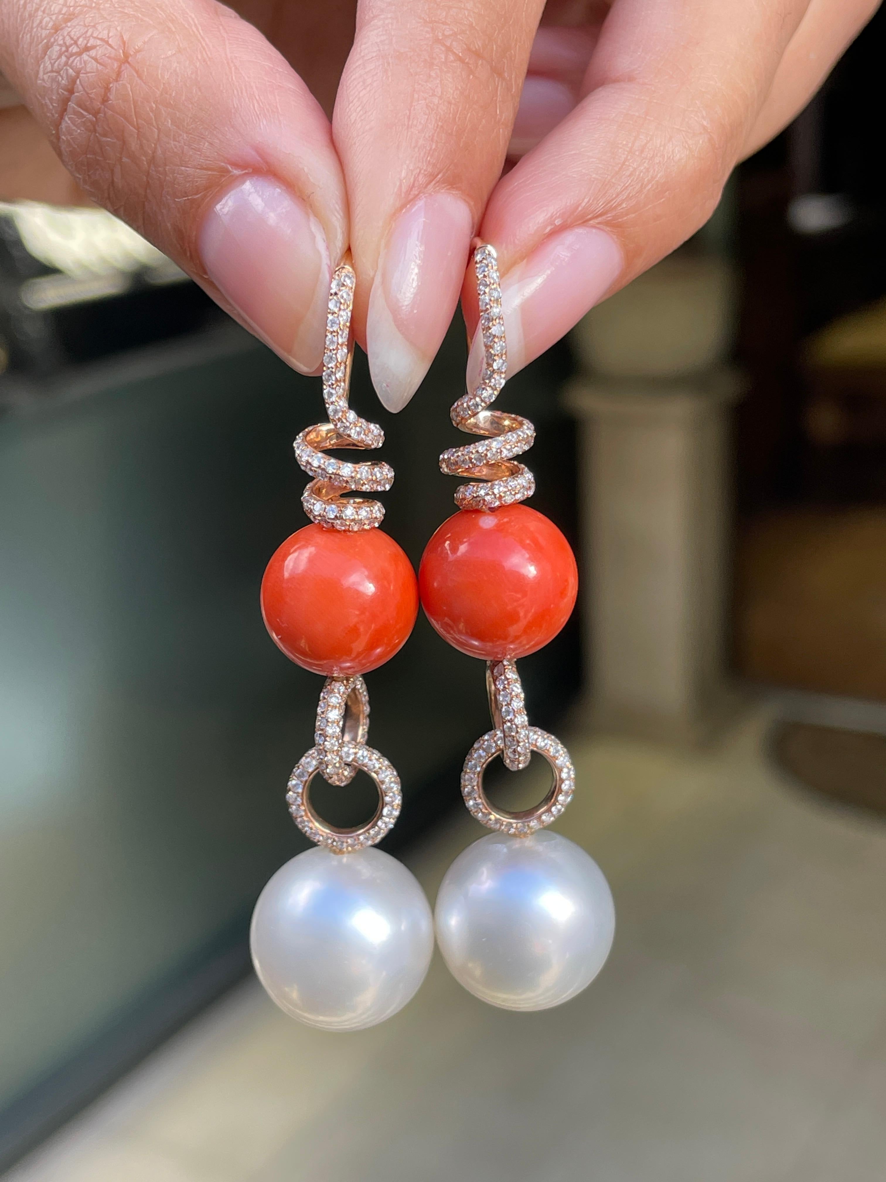 Modern Coral, Pearl and Diamond 18 Carat Rose Gold Dangle Earrings For Sale