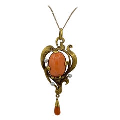 Collar Colgante Flor Coral Perla Art Nouveau Oro 18 Kilates Raro, Circa 1910