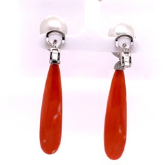 Coral and Pearl Diamond Drop Earrings
