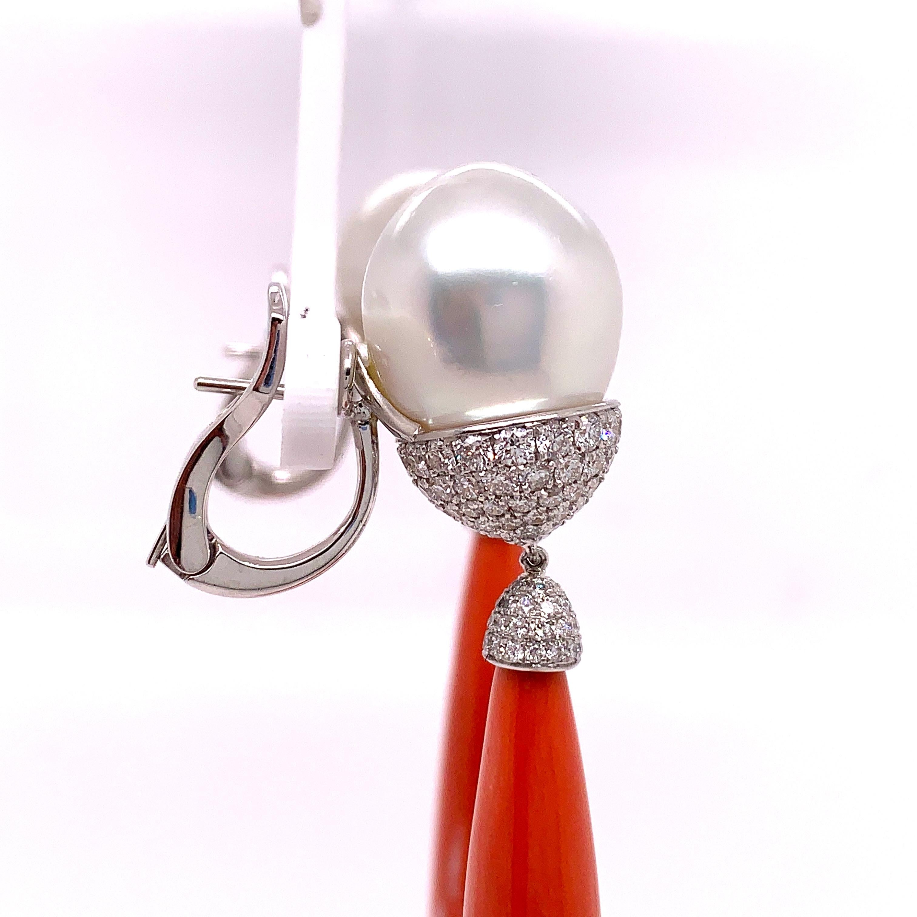 Contemporary Coral and Pearl Diamond Drop Earrings For Sale