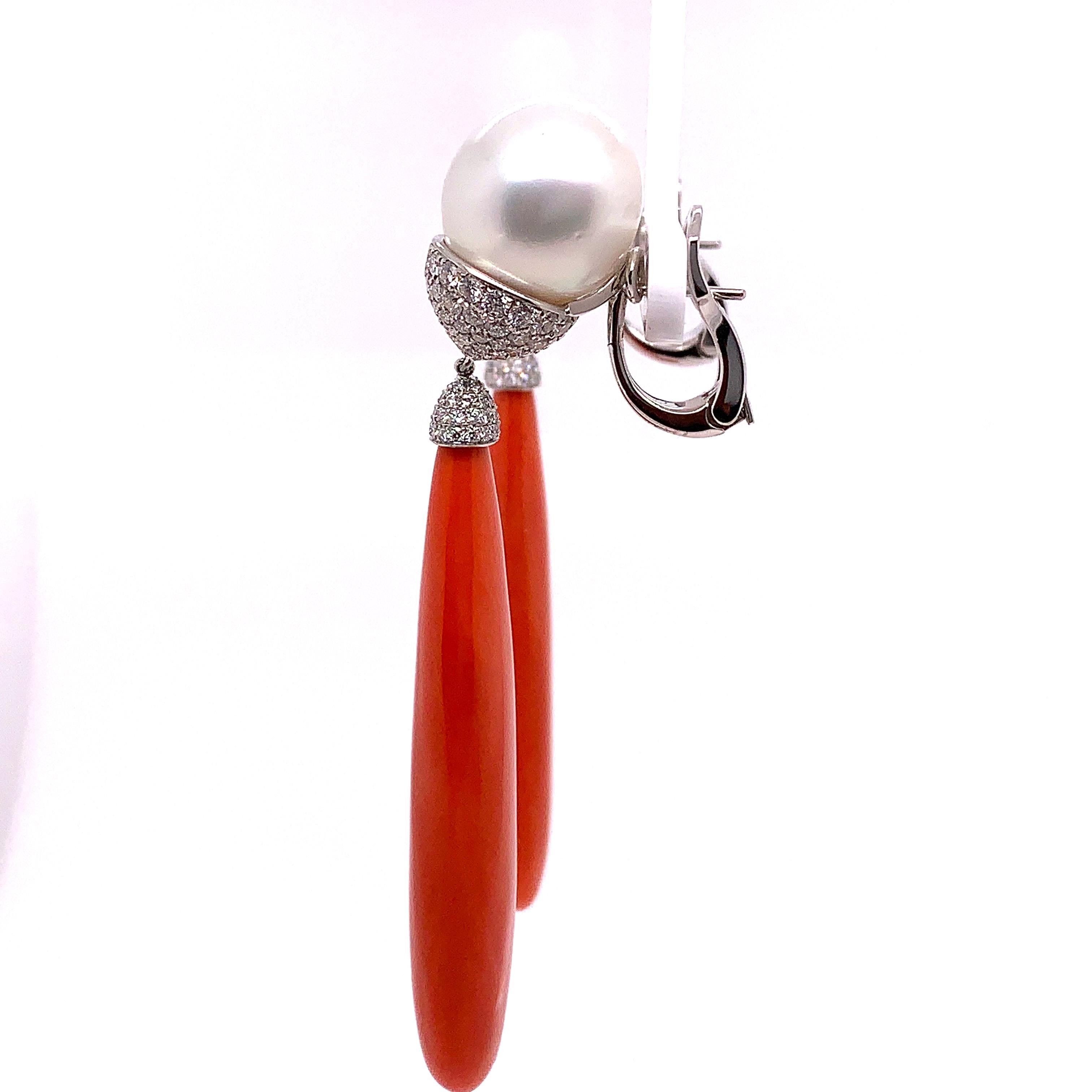 Cabochon Coral and Pearl Diamond Drop Earrings For Sale