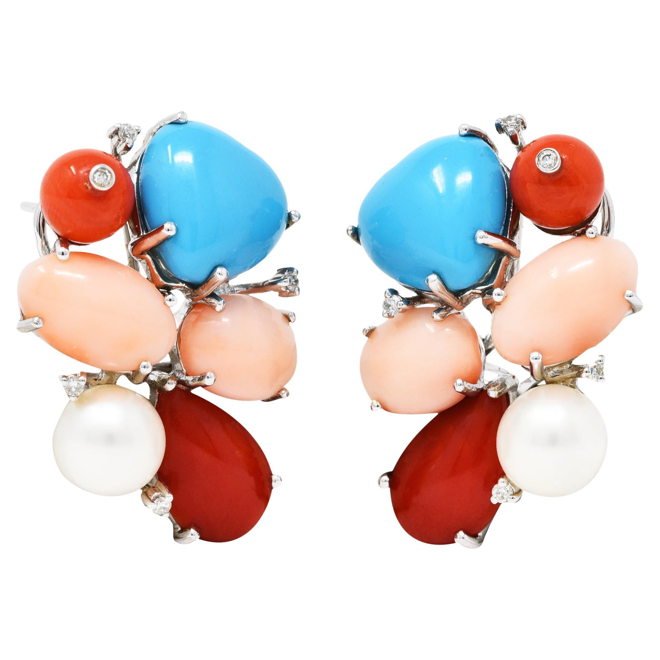 Coral Pearl Diamond Turquoise 18 Karat White Gold Cluster Earrings