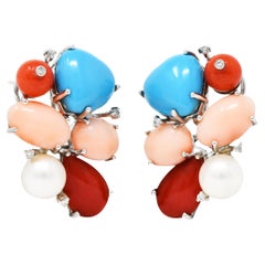 Coral Pearl Diamond Turquoise 18 Karat White Gold Cluster Earrings