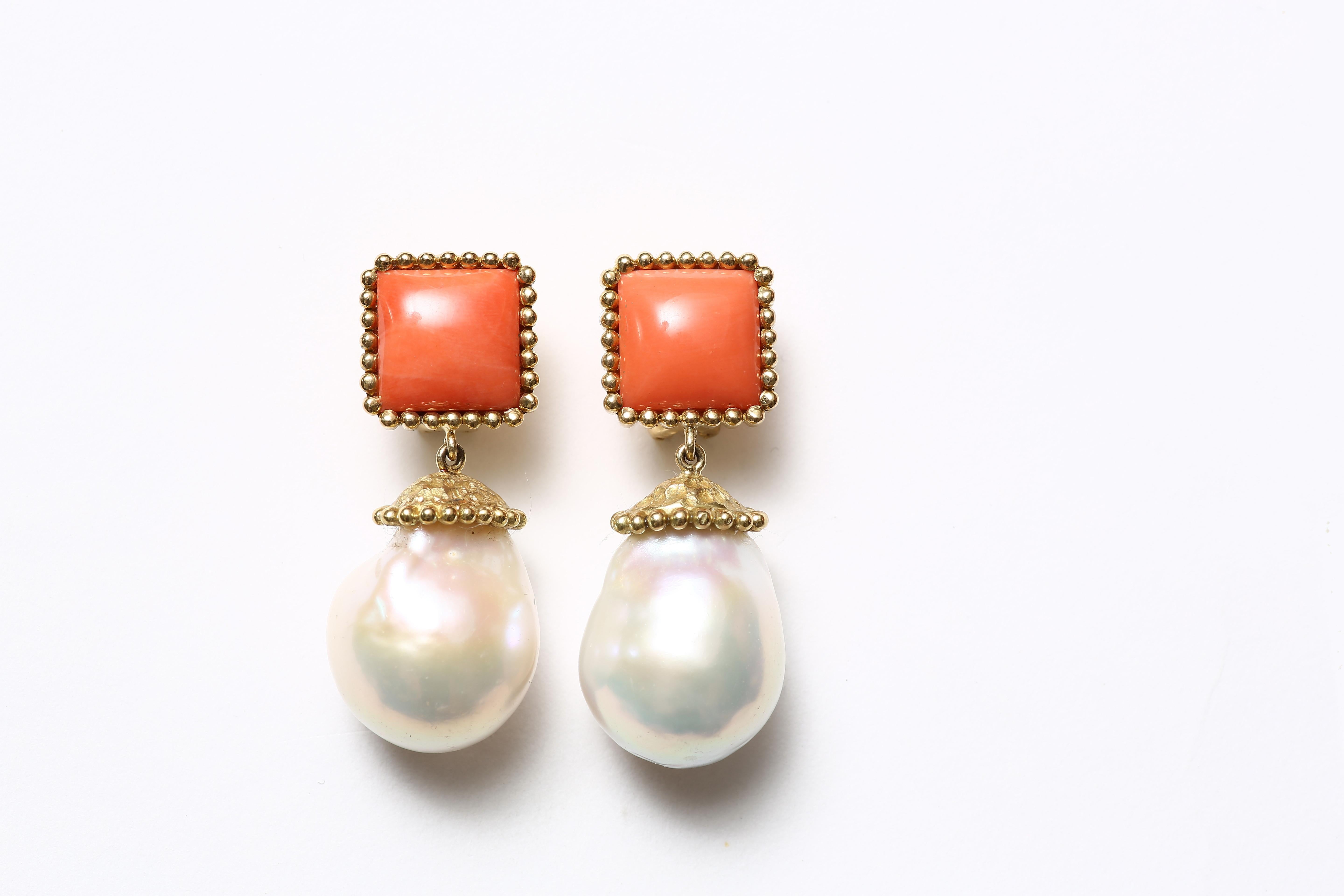 Contemporary Coral Pearl Drop Gold Earrings For Sale
