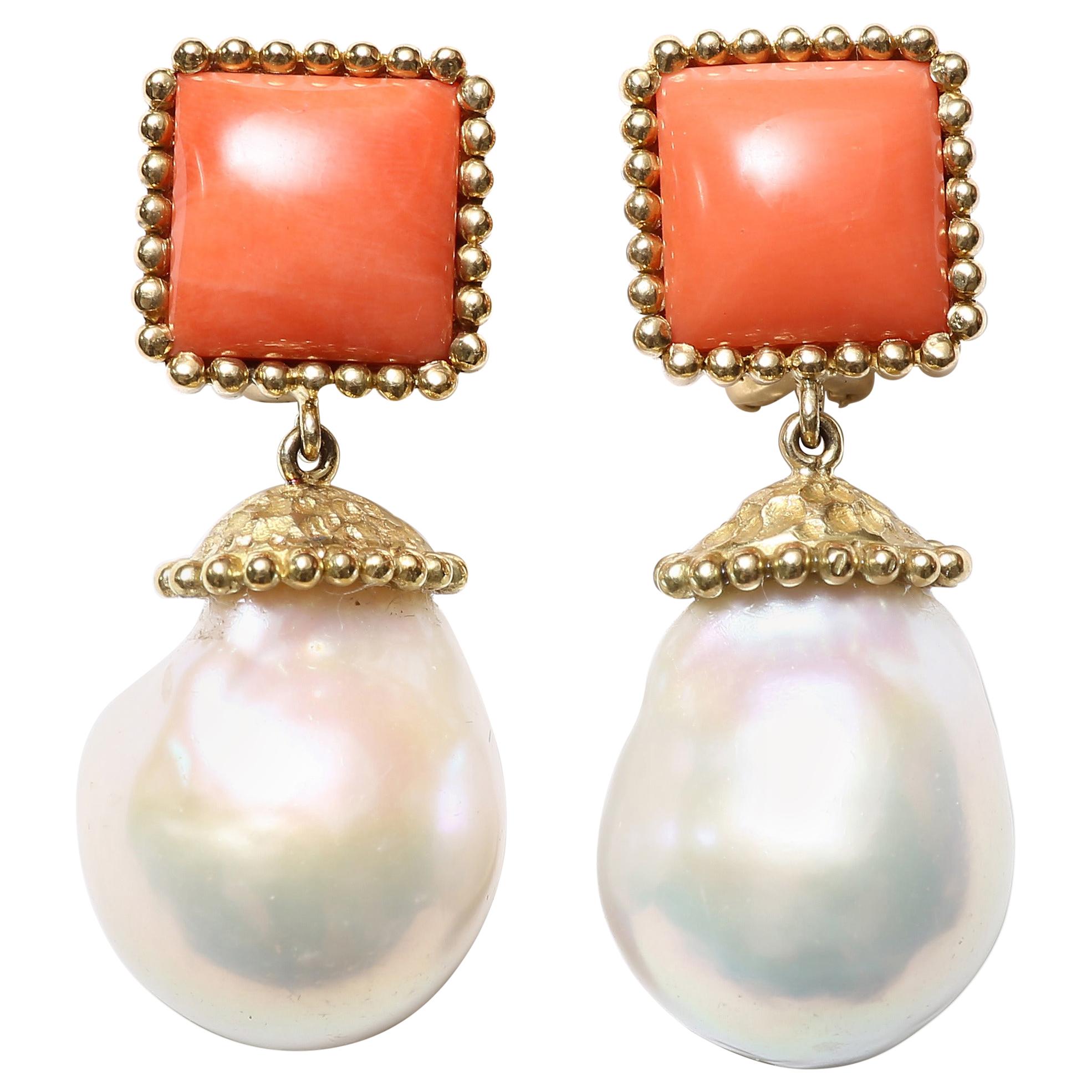 Coral Pearl Drop Gold Earrings For Sale