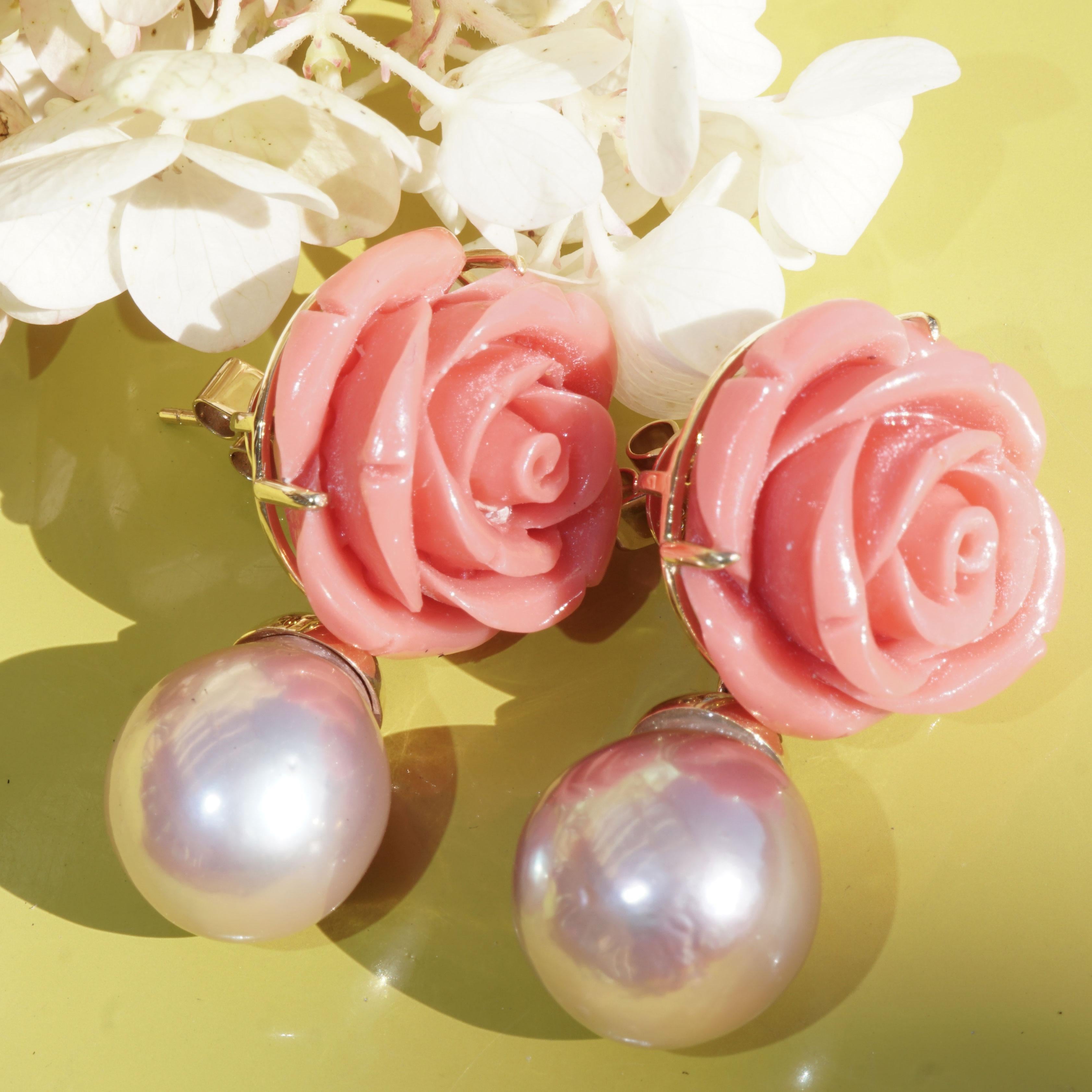 Koralle Perlen Ohrringe geblümt Barock 53 ct und XXL Größe 37 x 21  mm so dekorativ im Angebot 4
